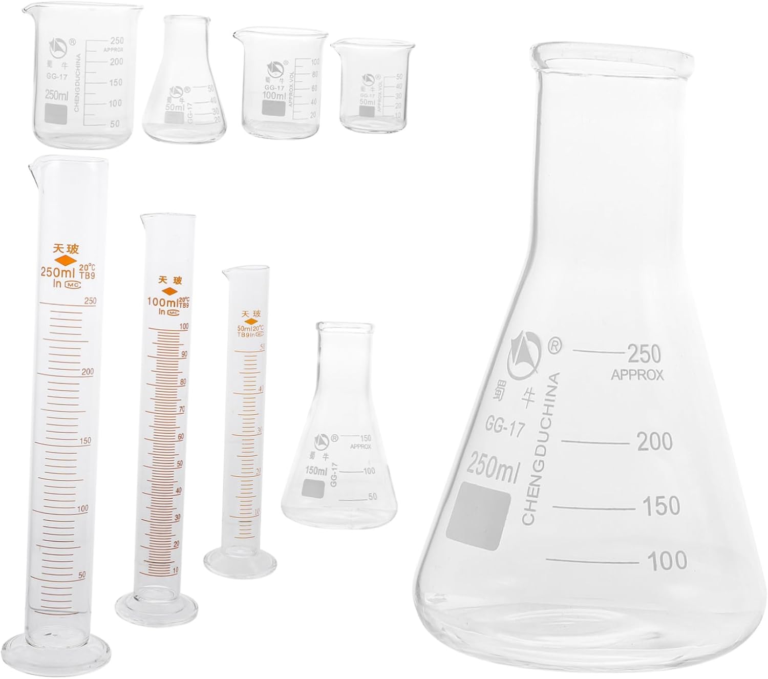 Accurate Measurement Lab Tools 9pcs Glassware Set Beakers Flasks Cylinders