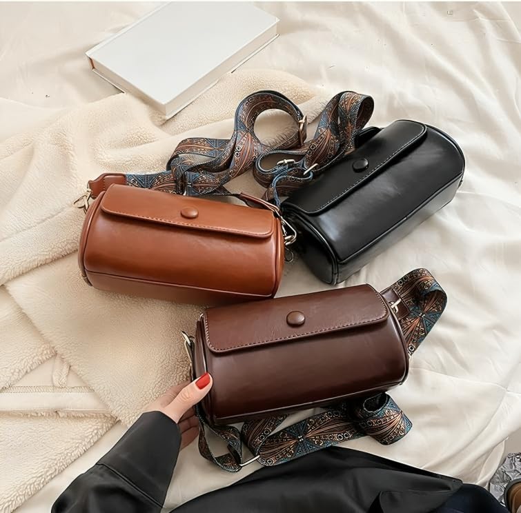 Image of Vintage Leather Crossbody Sling Bag with Decorative Patterned Strap for Daily Use, Travel & Shopping, Phone Purse with Adjustable Strap - Lightweight Casual Trendy Bag for Ladies & Girls