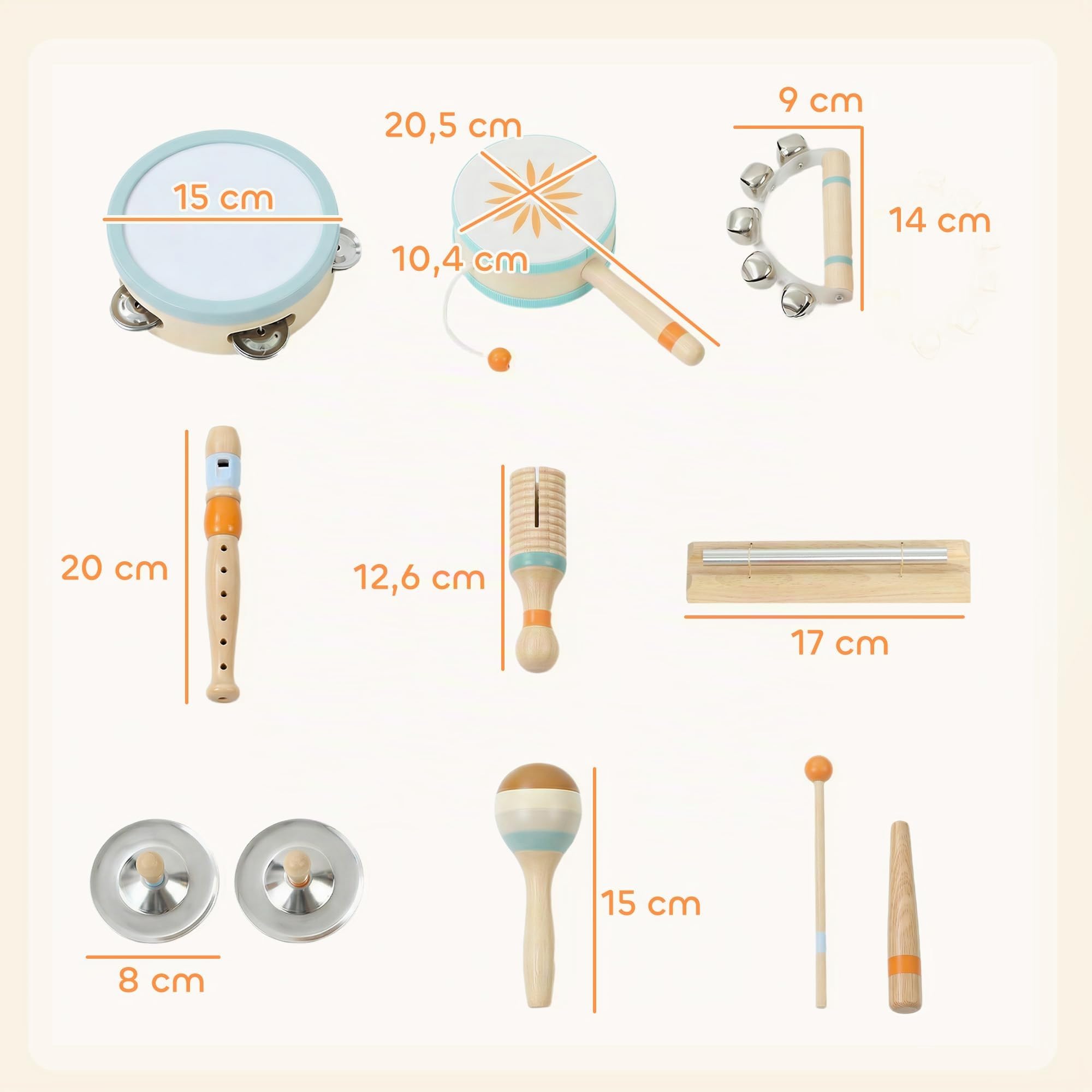 AIYAPLAY Instrumentos Musicales Infantiles 10 Piezas Madera Montessori | Set de Percusión con Pandereta y Maracas, Regalo para Niños y Niñas de+ 3 Años, para Cumpleaños