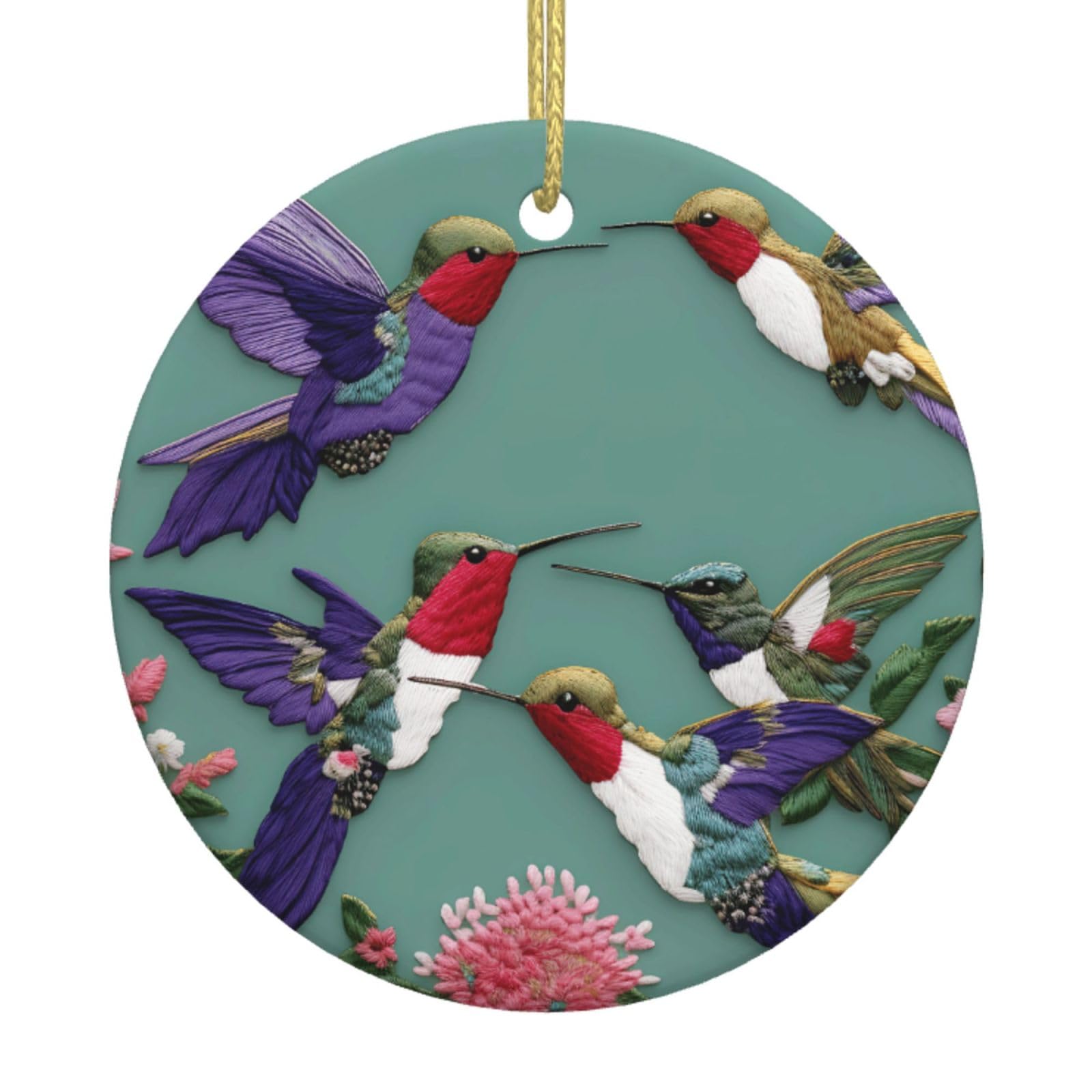 Flower Hummingbirds Embroiderys Print Christmas Ornaments, Ceramic Hanging Ornament, Round Shape Decorations
