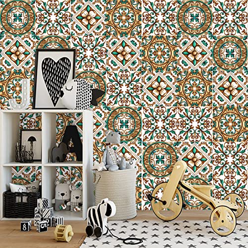 Baldosas Adhesivas Marrón Retro Mandala Suelo Vinilo Autoadhesivo Vinilo Impermeables Panel Revestimiento Ducha para Baño Cocina Gabinete Muebles Decoración Azulejos Adhesivos 10x10cm /10 Piezas