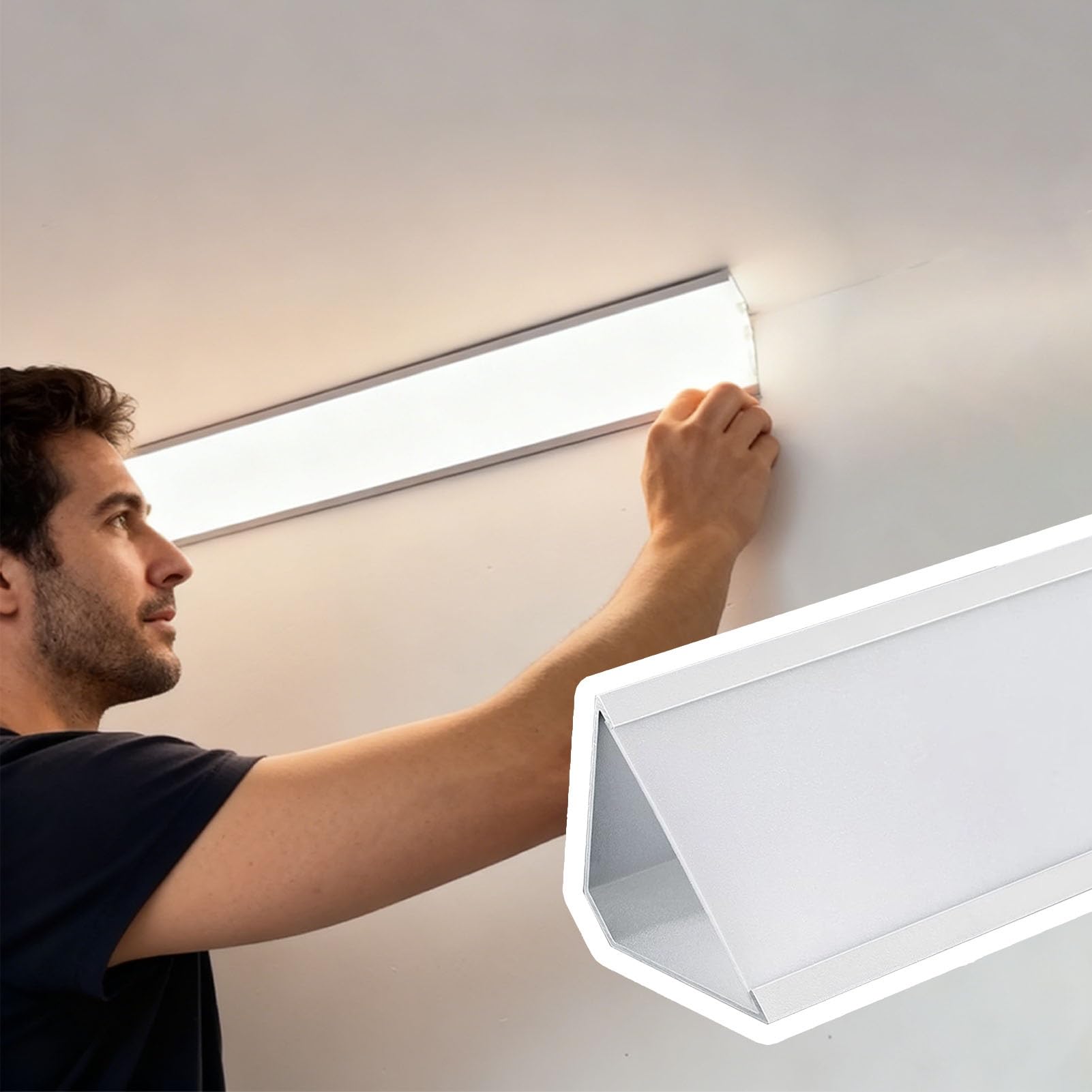 Generisch Listwa sufitowa, aluminiowa listwa ozdobna z pośrednim oświetleniem LED i kanałem, 16 m bezplamowy dyfuzor do taśm LED 8 mm, elegancka biała powierzchnia