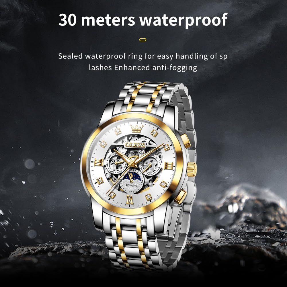 OUPINKE Men's Automatic Luxury Skeleton Watch with Diamonds Mechanical Self-Winding Stainless Steel Waterproof Moon Phase & Luminous