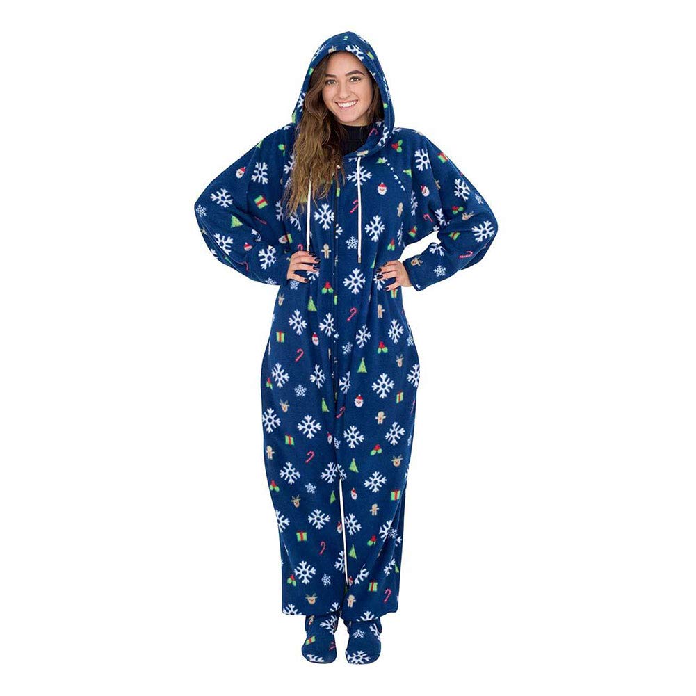 Pijama de forro polar con capucha y sin pies para mujer, pijama cálido y acogedor de felpa para adultos, pijama novedoso de una pieza, azul marino, M