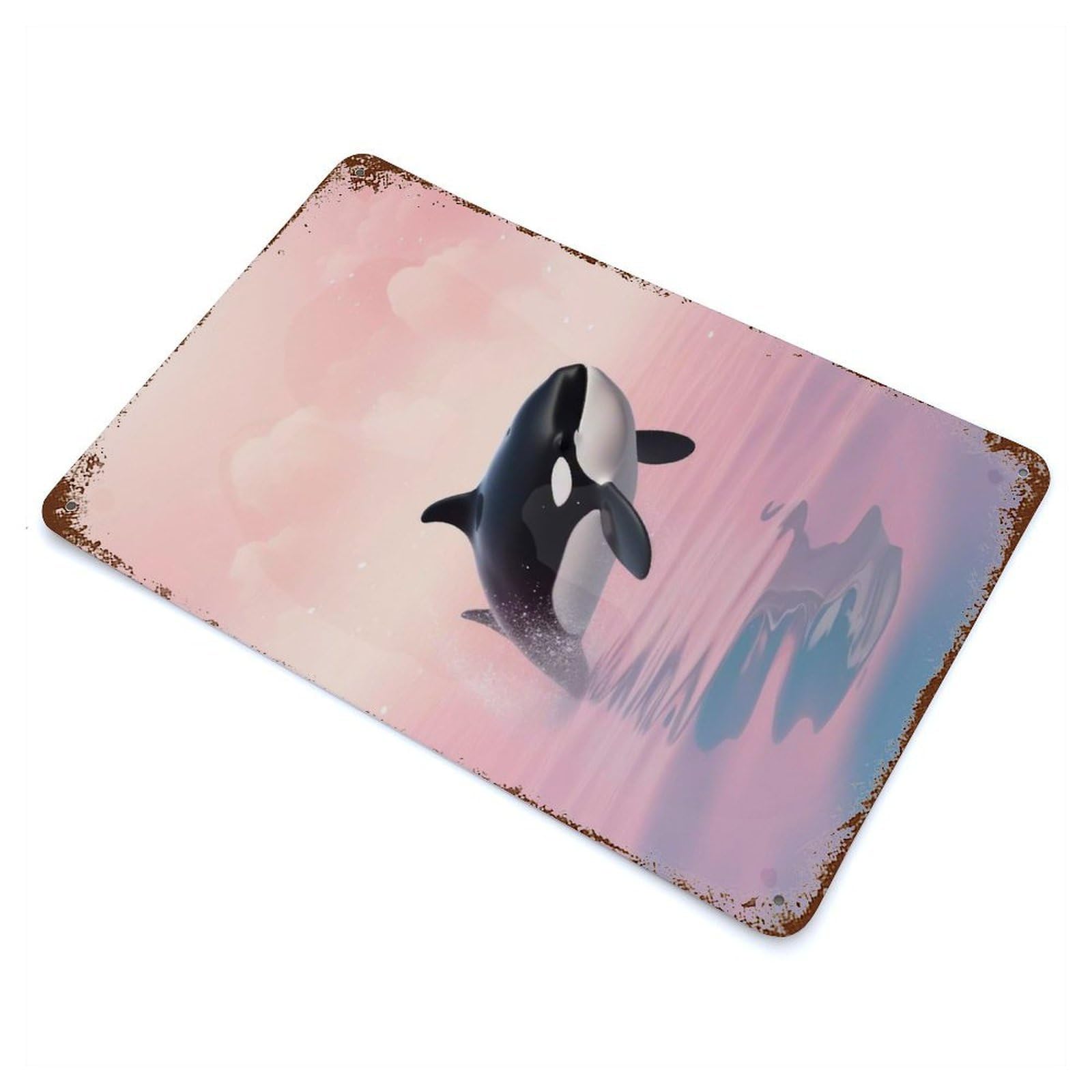 Vintage Rust Metal Sign Orca Breaching in Pink Sky 11.8"x7.9", Novelty Wall Decor for Garage, Bar And Workshop Decor