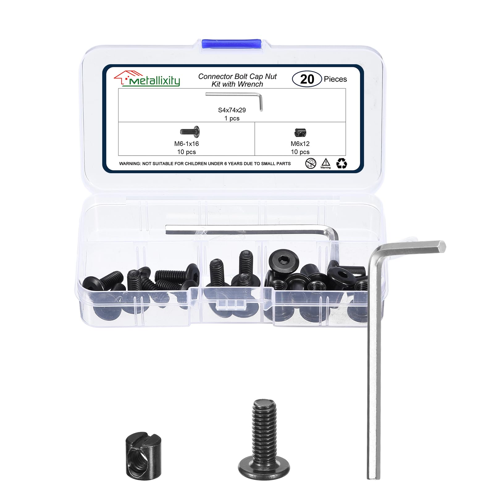 METALLIXITY Furniture Connector Bolts Cap Nut Kit with Wrench(M6-1x16mm) 20Pcs