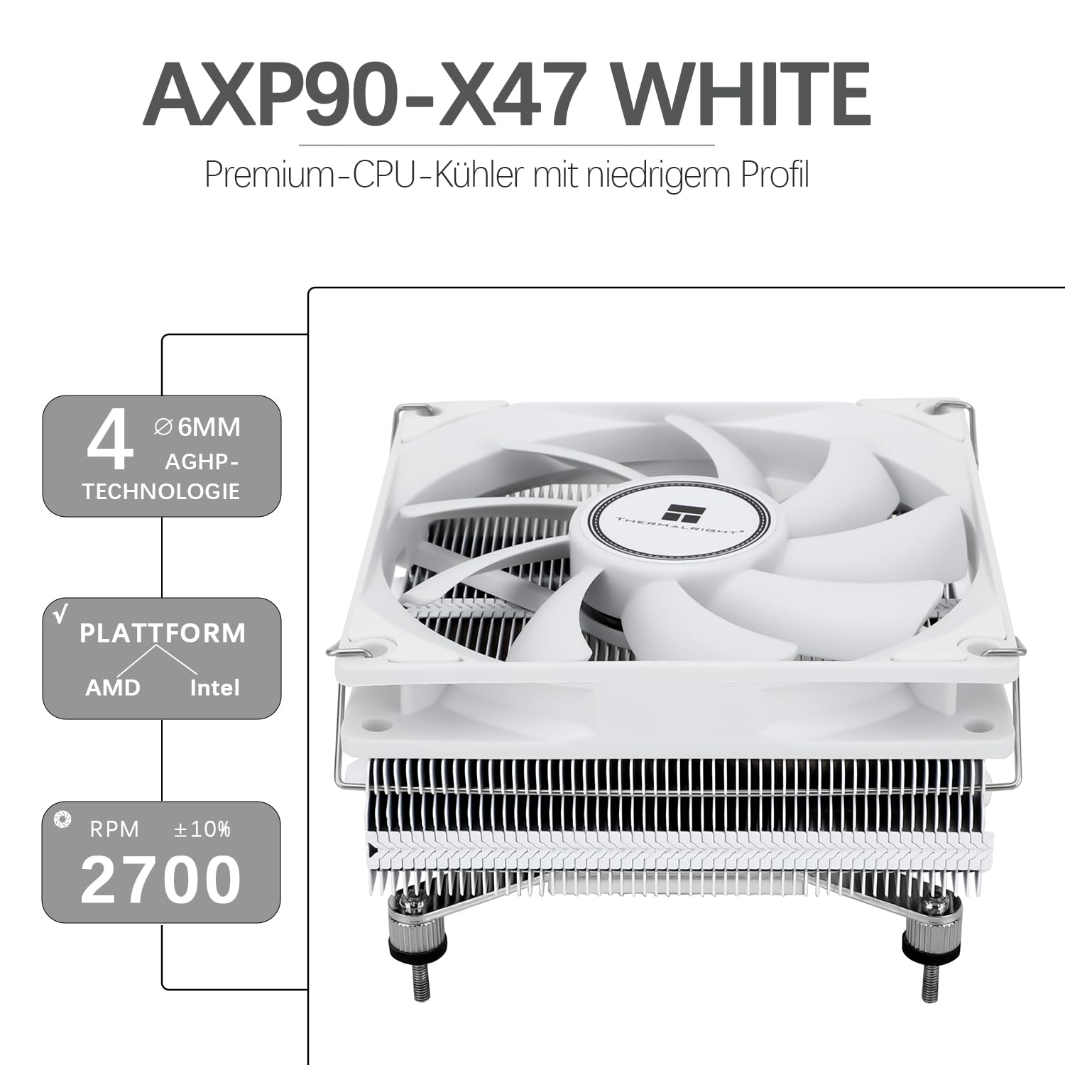 TR-Thermalright AXP90 X47 Blanc Refroidisseur de CPU, Ventilateur Silencieux 92mm Bas Profil-2700tr/min, pour AM4/AM5, Intel LGA1851/1700/115x/1200, Refroidisseur PC Bas Profil pour ITX