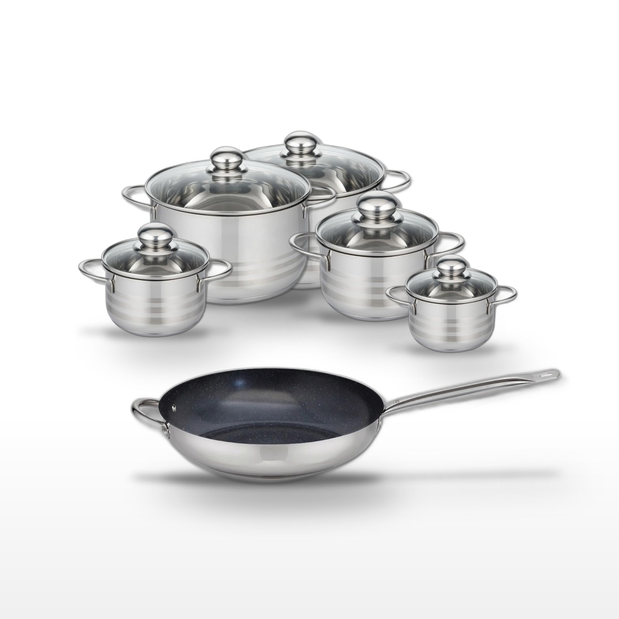 Elo Batterie cuisine poêle 32 cm et 5 faitouts 12/14/16/20/24 cm | Poêle 32 cm et 5 faitouts pour varier les cuissons, Inox pour un usage quotidien, Induction four gaz et vitrocéramique