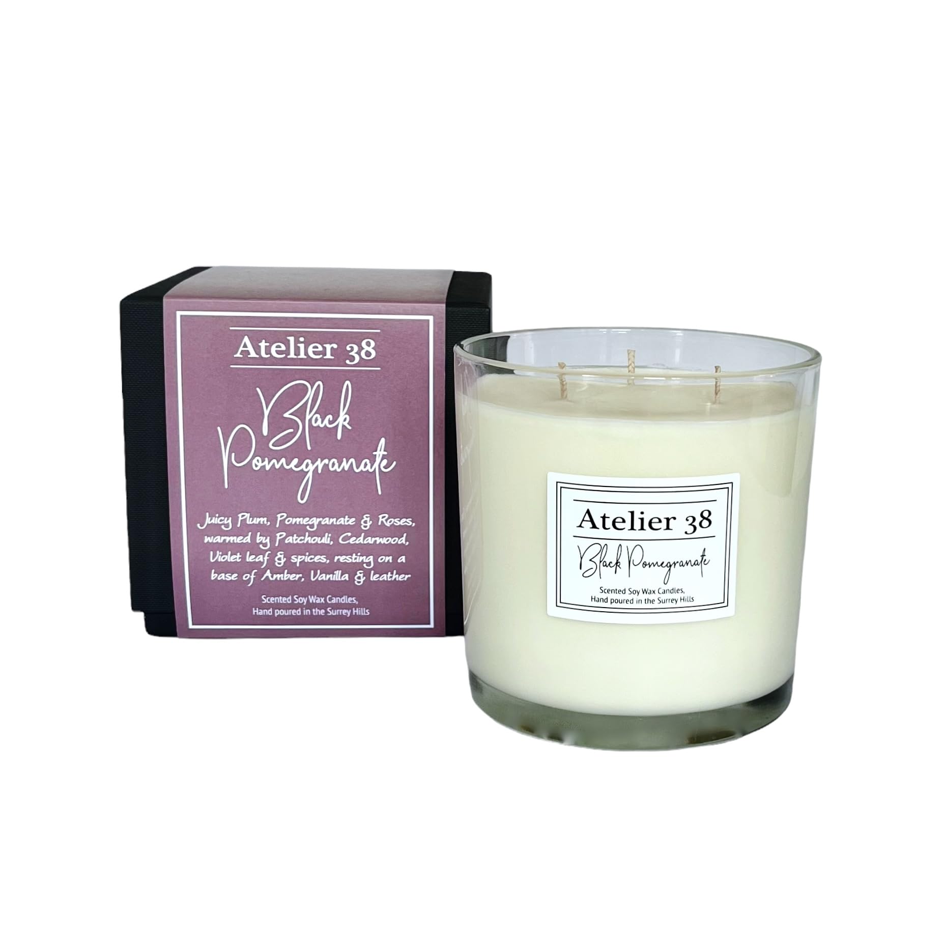 Atelier 38 Black Pomegranate 3 Wick Scented Candle 700g - Luxury Soy Candle, Up to 70 Hour Burn Time, Large Candle Home Fragrance, Long Burning Candle, Housewarming Gift, Made in Surrey Hills