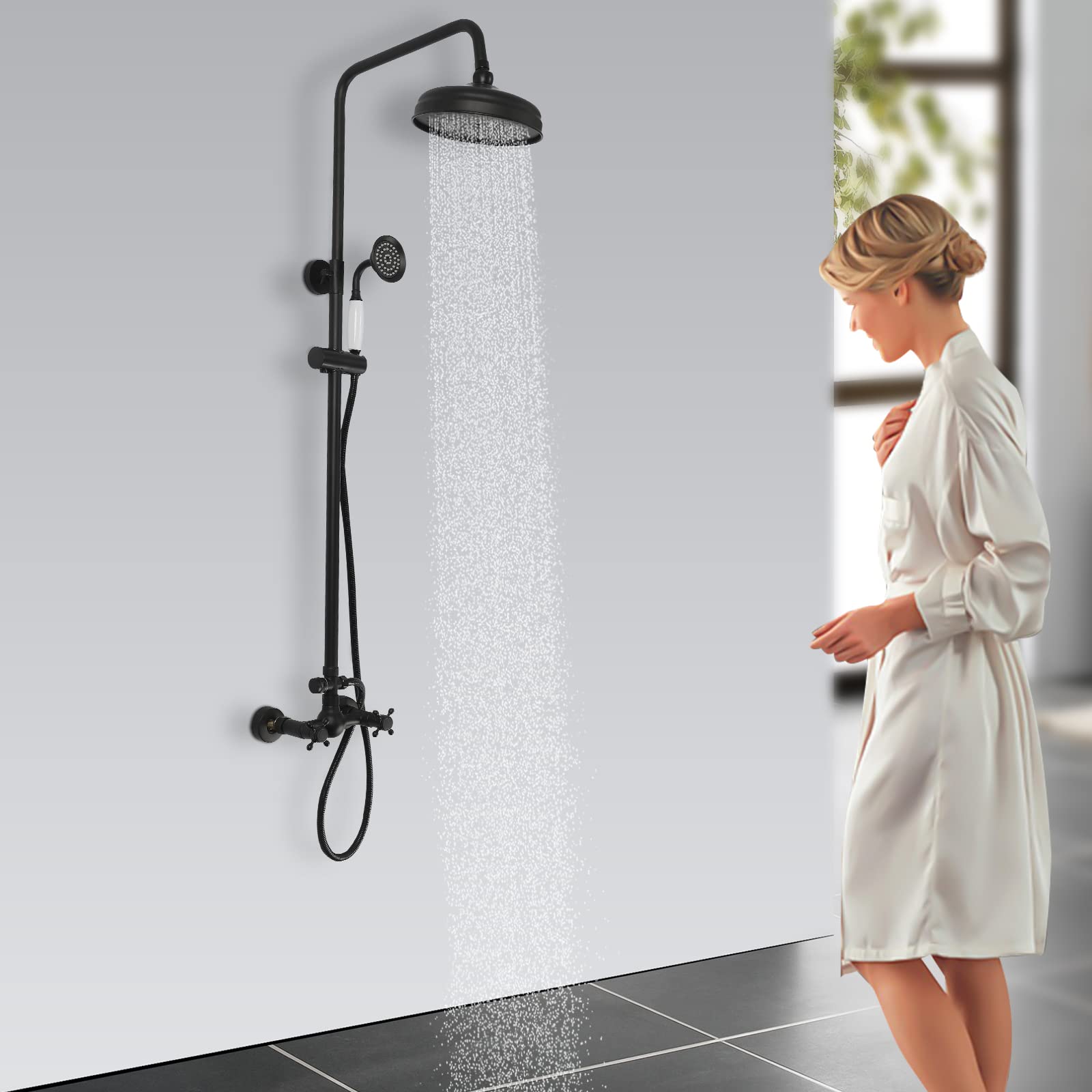 doccia in stile retrò, per doccia, set doccia a pioggia, doccia rotonda, con doccetta, colonna doccia anticata, retrò, per casa e hotel, colore nero