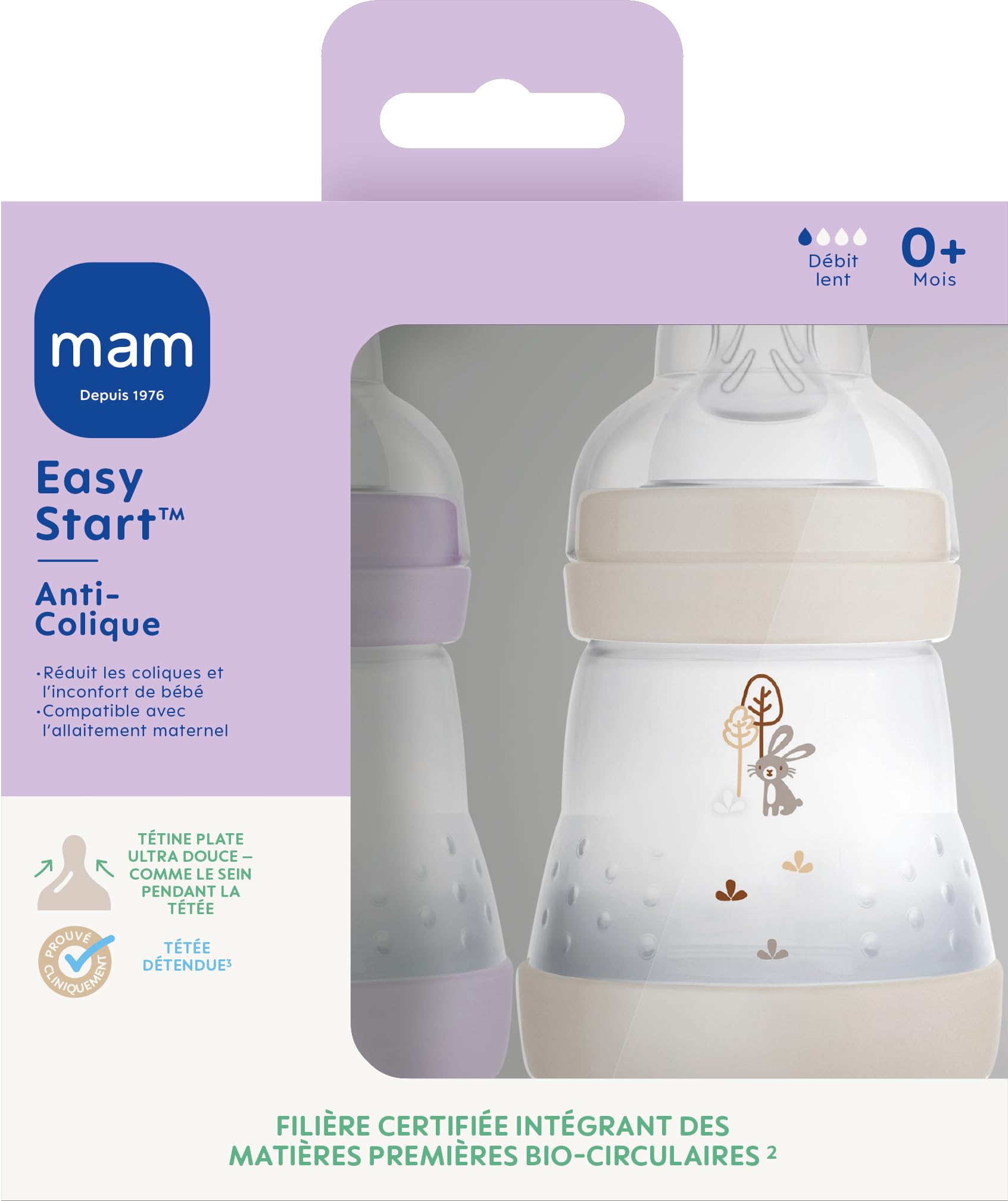 MAM | Lot de 2 biberons Easy Start Anti-Colique 0+ mois débit lent (2 x 160 ml) Lilas + Sable – Biberon pour réduire les coliques et l'inconfort de bébé – Biberon bébé compatible avec l'allaitement