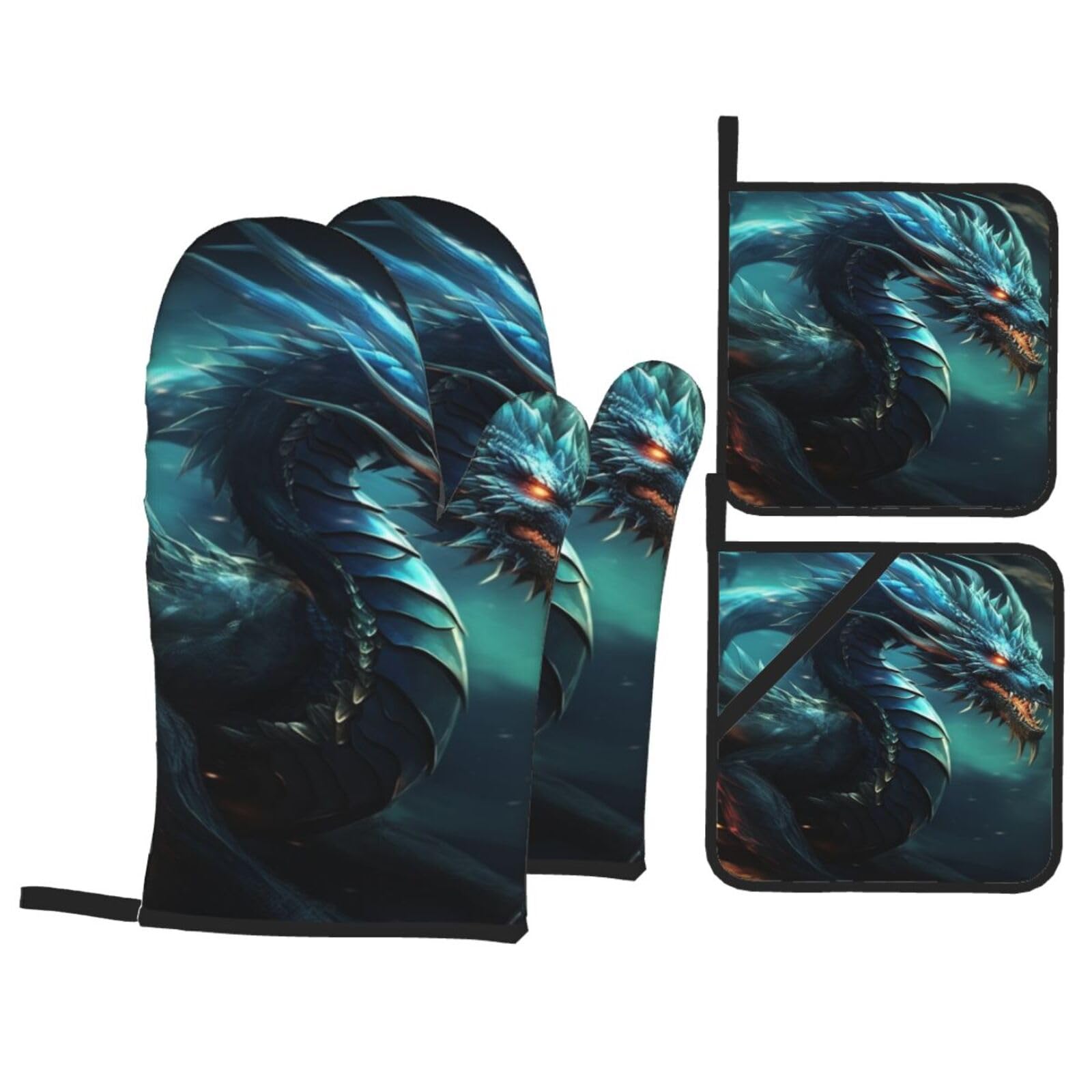 Oven Mitts and Pot Holders Set of 4 Heat Resistant Non-Slip Kitchen Gloves Hot Pads Dragon Oven Mitts Kitchen Mittens Gloves Non-Slip Potholders for Cooking Baking Grilling BBQ