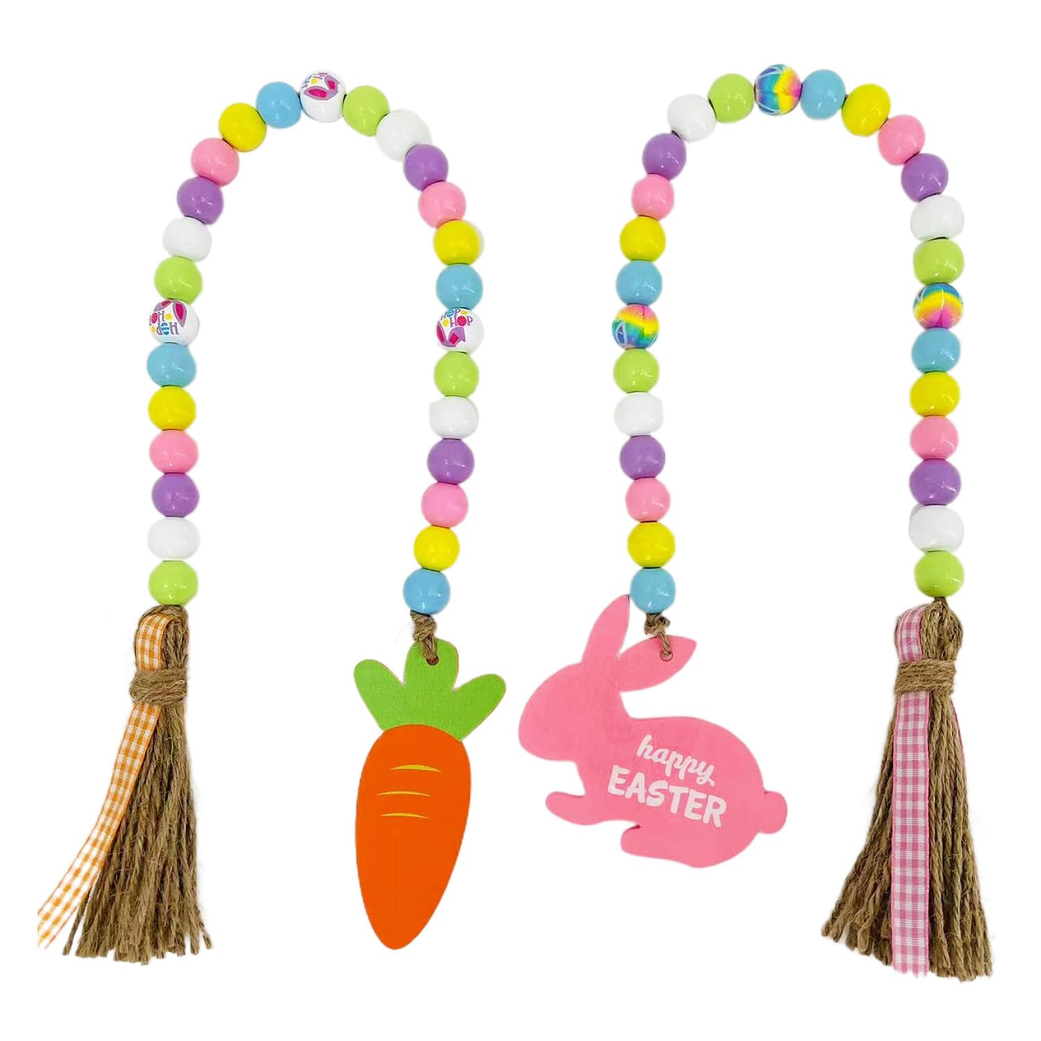 Easter Beads Garland with Tassel, Easter Day Wooden Beads Garland with Colorful Bunny-Shaped Wooden Beads with Jute Rope Plaid Tassel, Farmhouse Rustic Boho Beads Tiered Tray Home Decorations(2 Pack)