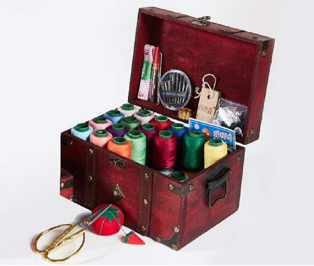 Costurero Kit De Costura De Caja De Coser De Madera Maciza, Accesorios De Suministros De Costura, Kits De Costura para Bricolaje, Adultos, Principiantes, Emergencias, Campistas, Viajes, Hogar