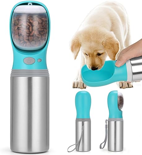 Miniatura 11 de Botella de agua portátil para perros, 14 onzas, dispensador de agua de acero inoxidable a prueba de fugas para cachorros con alimentador para
