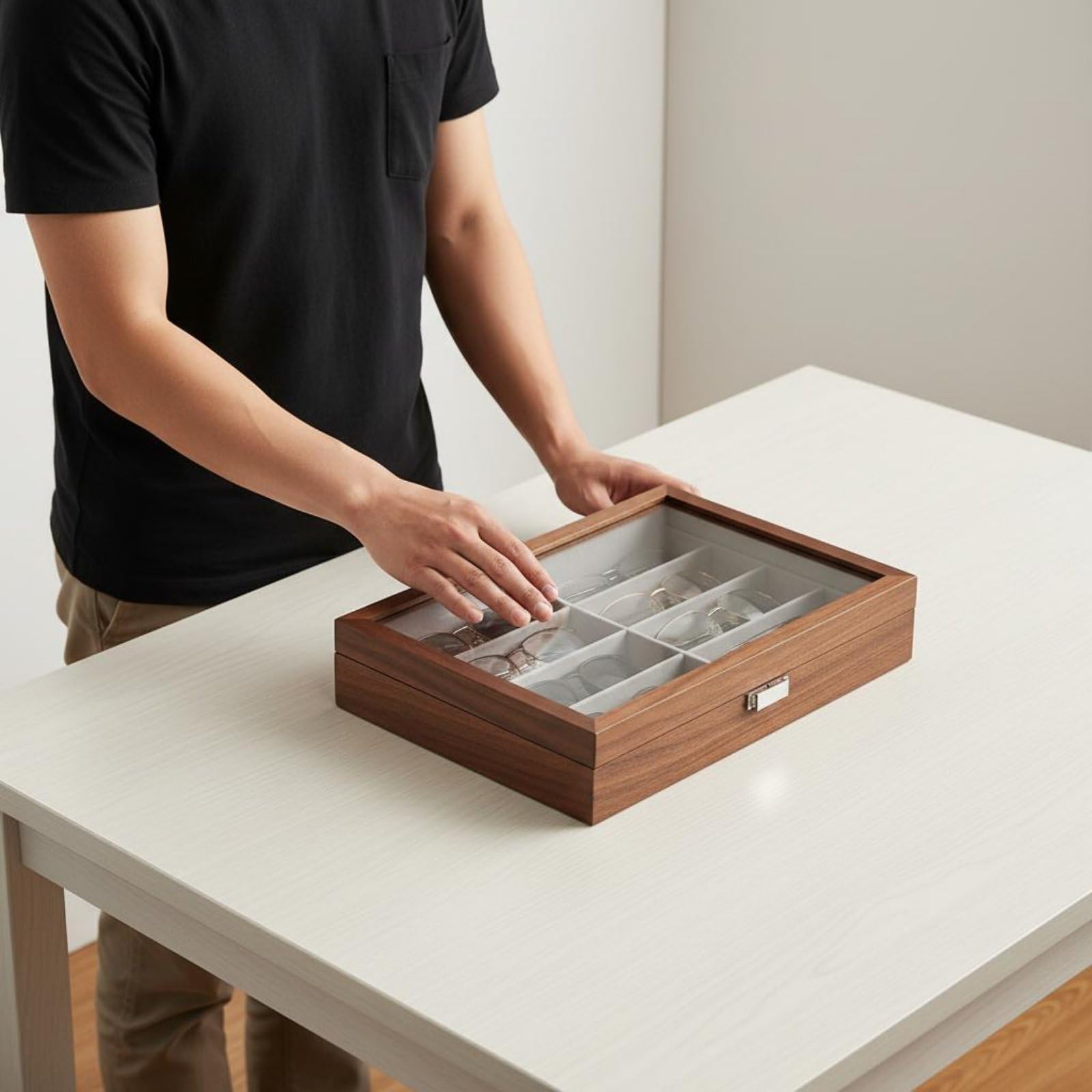 Étui de Rangement Lunettes Boîte Présentation Organisateur Vitrine Couvercle Transparent avec Charnière et Fermoir Protection Contre la Poussière en, Marron, Marron Intérieur Gris