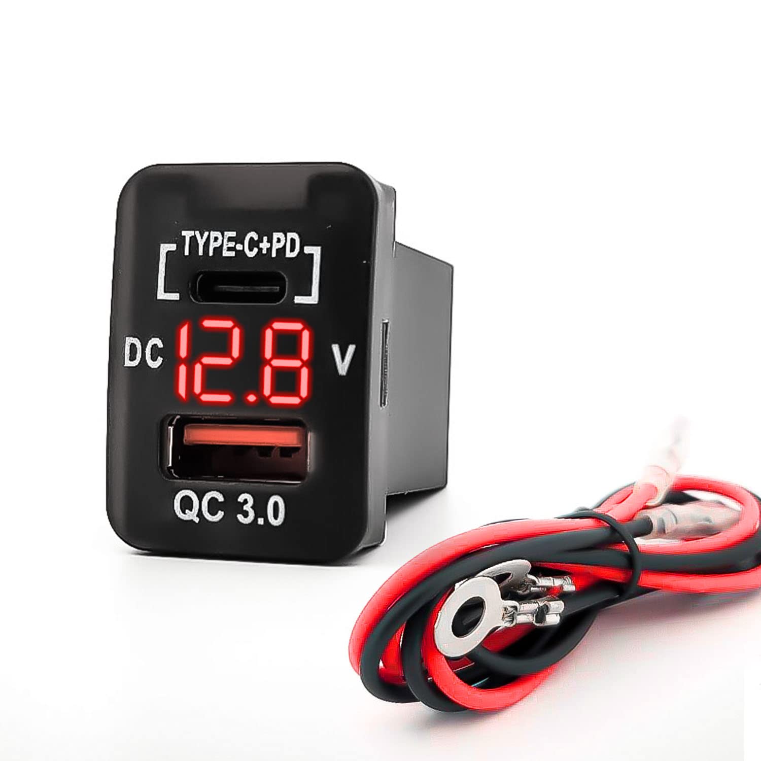 [RED] Upgraded Dual Port PD/QC3.0 Quick Charger with Blue LED Digital Voltmeter Replacement for Toyota, Compatible with Cellphone iPad Laptop GPS (