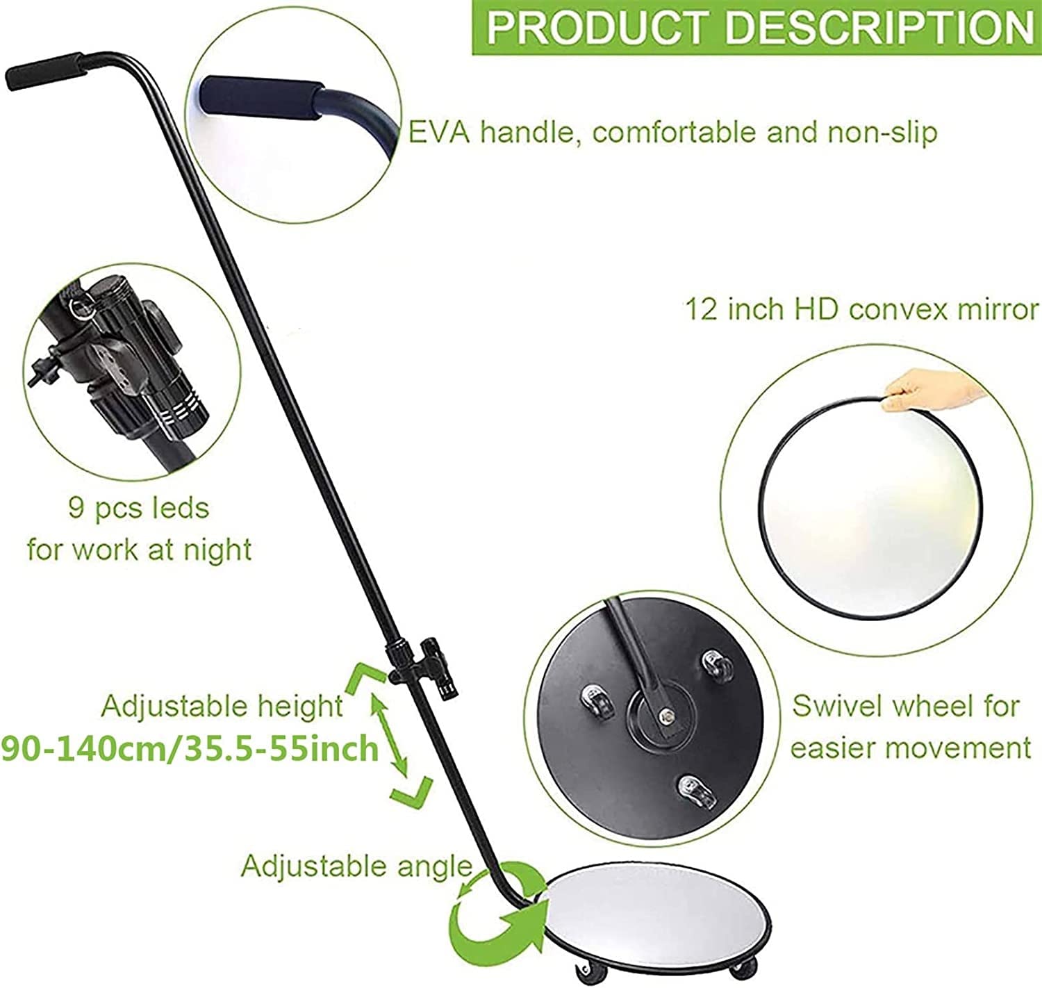 Espejo De Inspección para Vehículos, Espejo De Inspección Inferior para Vehículos con Luz Led, Espejo De Seguridad Telescópico De 90-140 Cm para Inspección De Automó