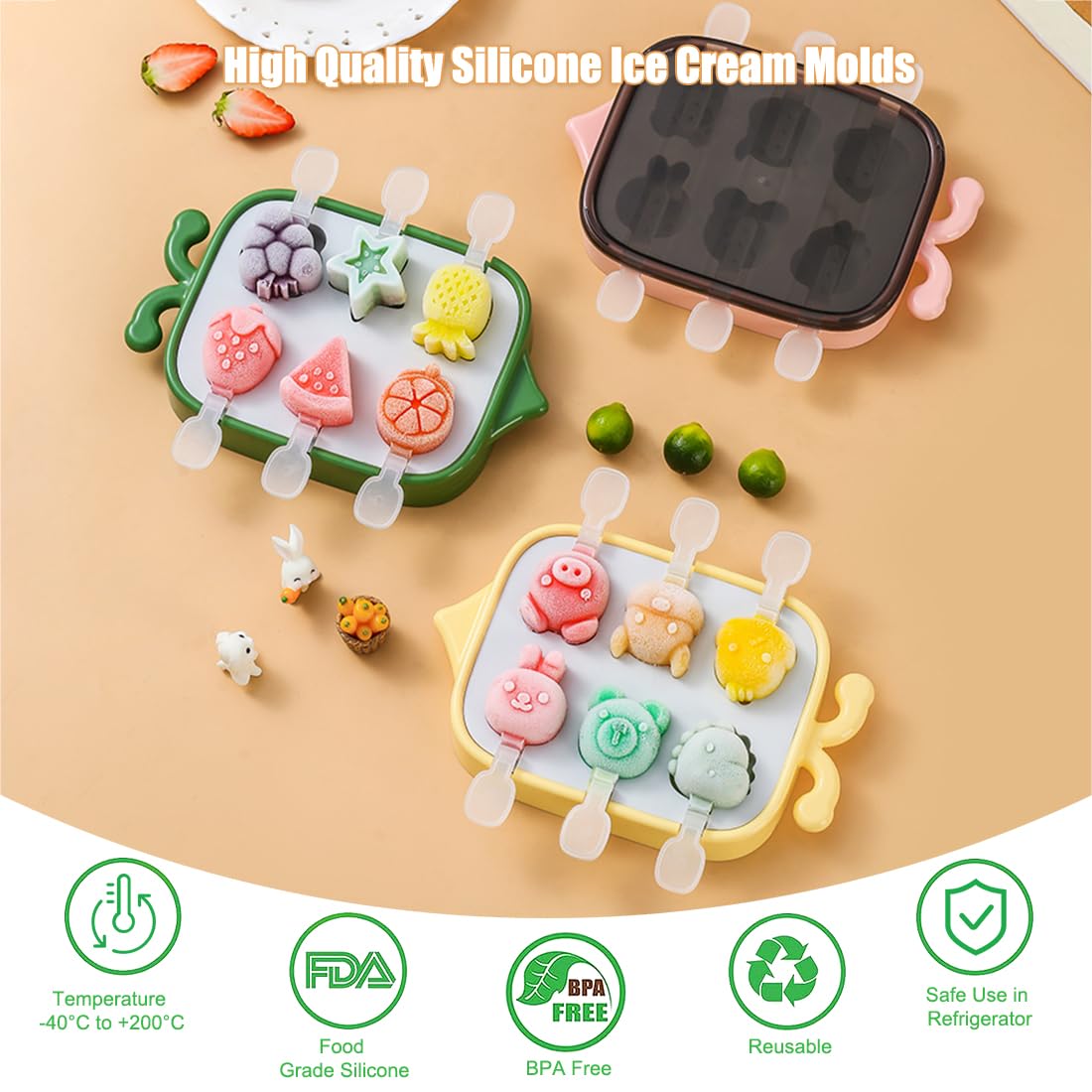 2 Moules à Glace En Silicone Pour Enfants – Formes Animaux Et Fruits, Sans BPA, Réutilisables – Parfait Pour L'été Et Les Fêtes