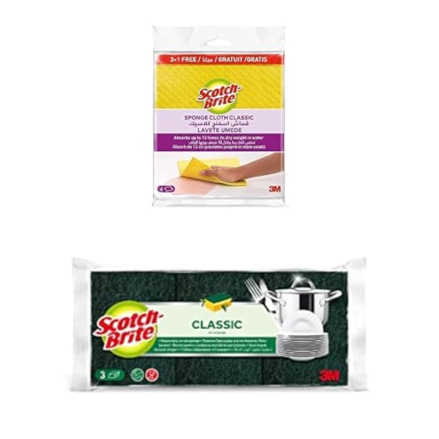 Scotch-BriteSponge Cloth Wipe CLASSIC, 4 units (3+1 Free)/pack + Classic Nail Saver Scrub Sponge, 3 units/pack