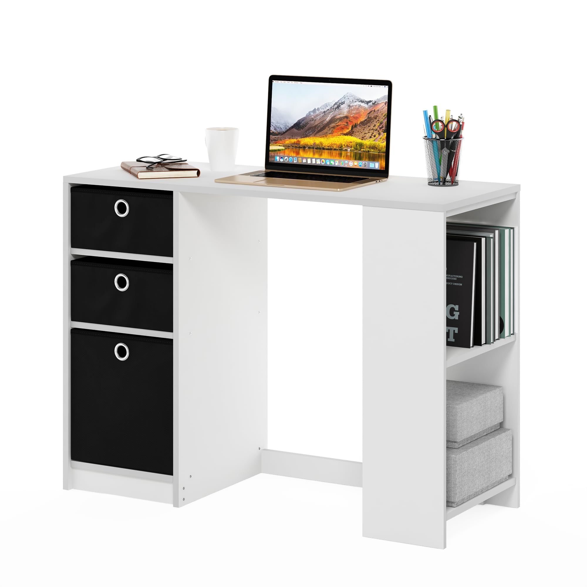 Furinno Jaya Desk, 39.4" Wide Gaming Desk with Drawer Bins, Computer Desk with Side Book Shelf, Writing Desk, Office Desk for Home Office, Study Room,