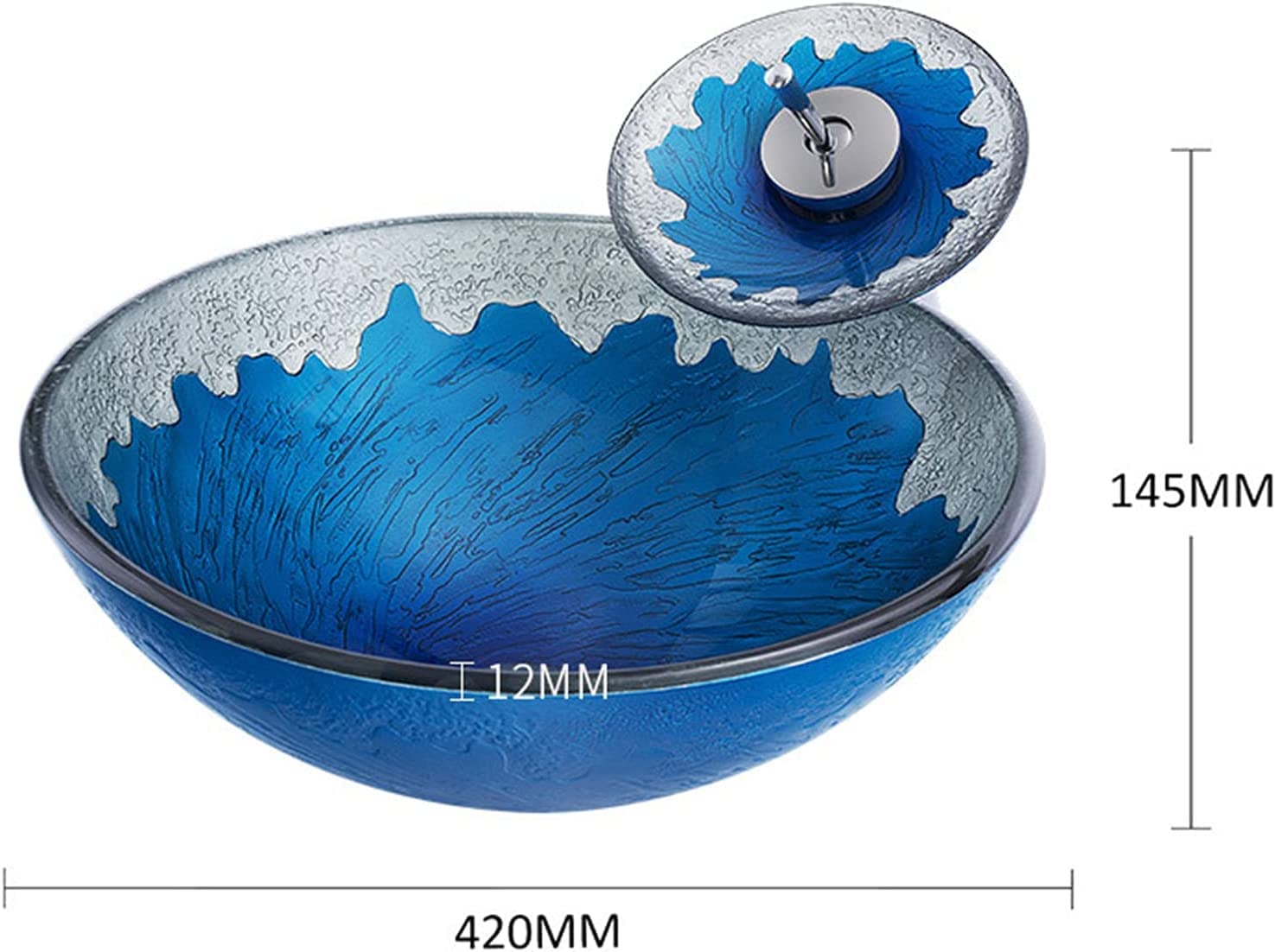Ceramiczna Umywalka Łazienkowa, Umywalka Nablatowa Ze Szkła Hartowanego, Umywalka Nablatowa O Grubości Ścianek 12 Mm, Kreatywna Umywalka Łazienkowa Z Kranem Wodospadowym I Odp,Blue RoundWashbasin