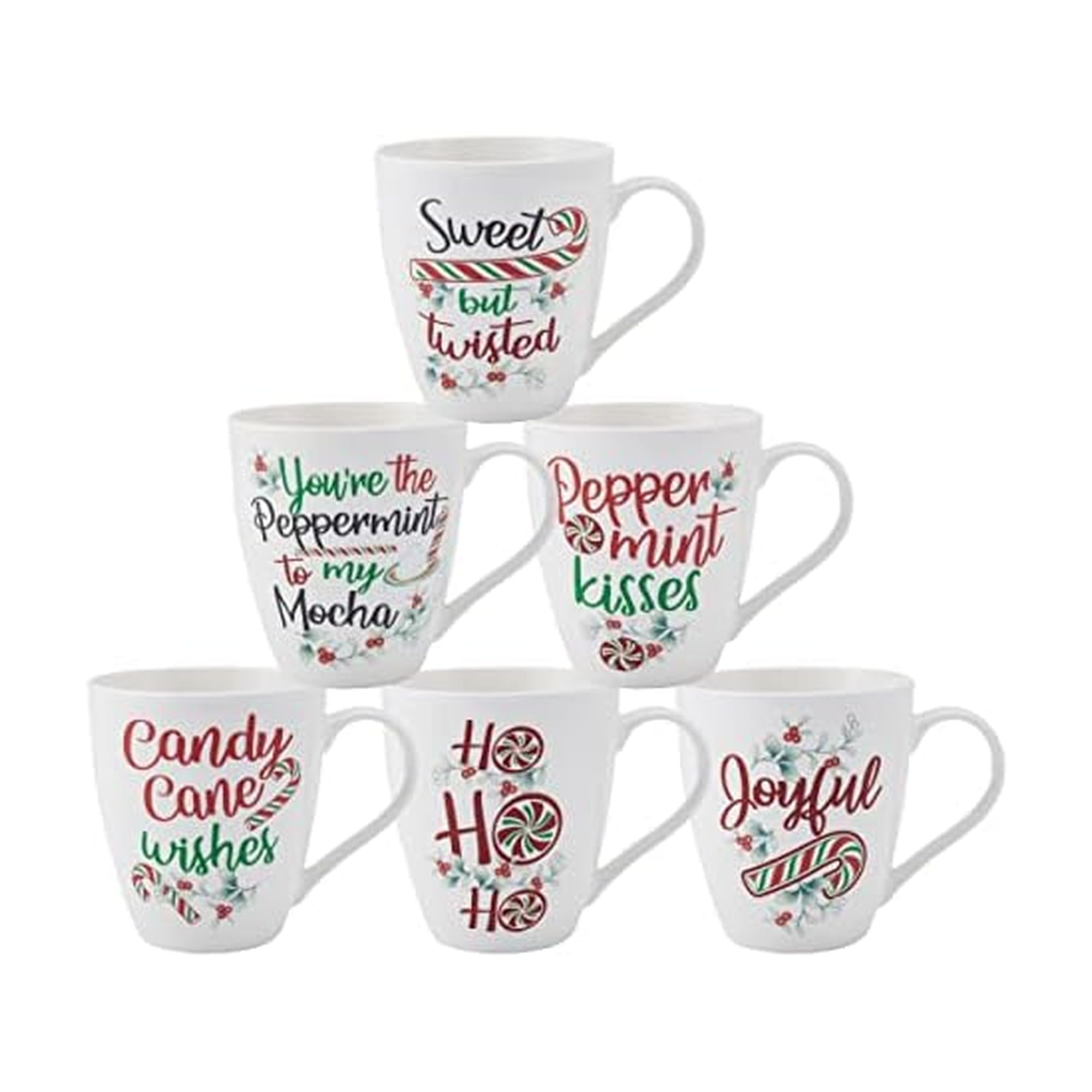 Winterberry Holiday Whimsical Coffee Mugs, Set Of 6, 17-ounce