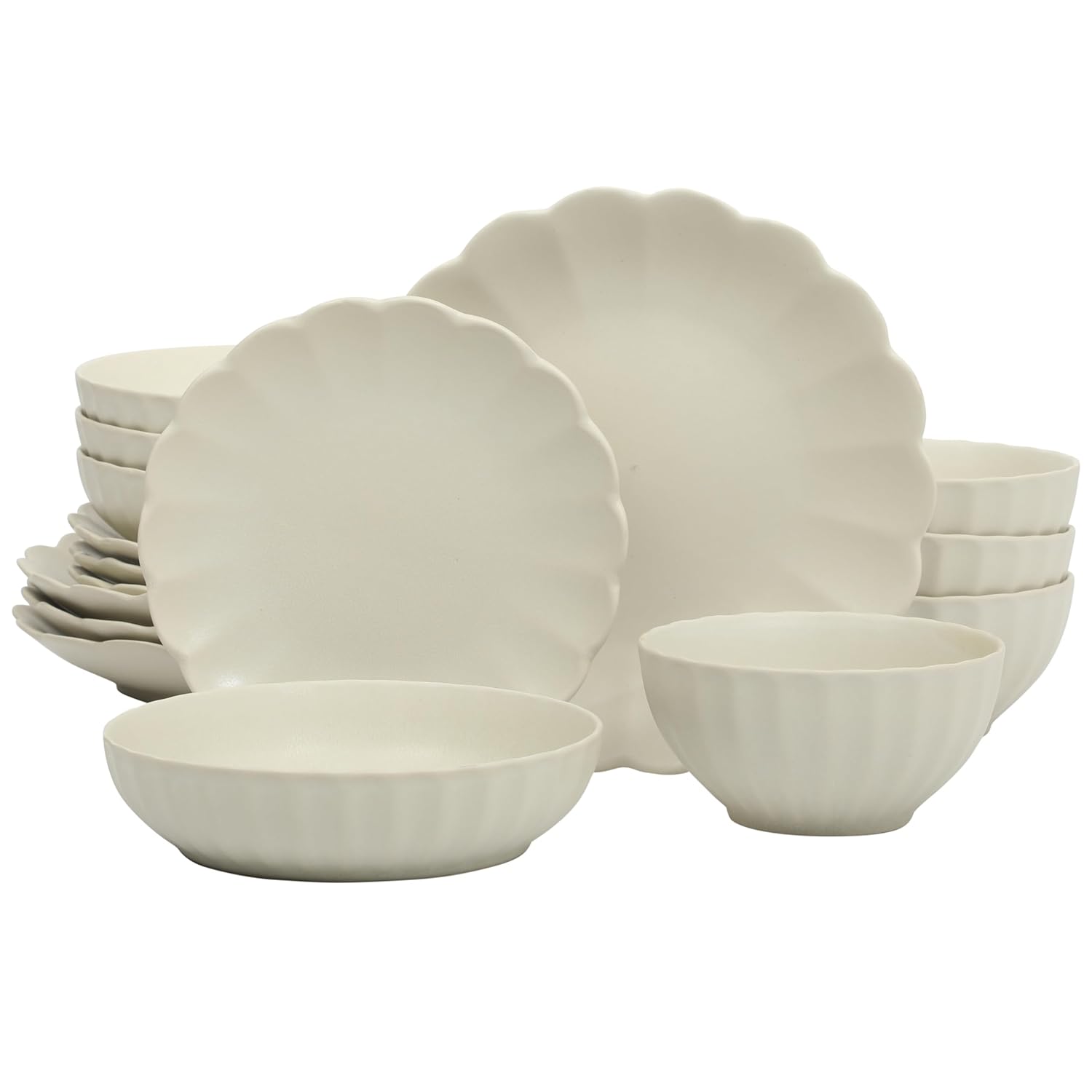 Gibson Elite Malibu Shore 16 Piece Scallop Stoneware Reactive Glaze (Service for 4) Ceramic Plates and Bowls Dinnerware Set - Cream White Cream White (Malibu Shore) Service for 4 (16pcs)