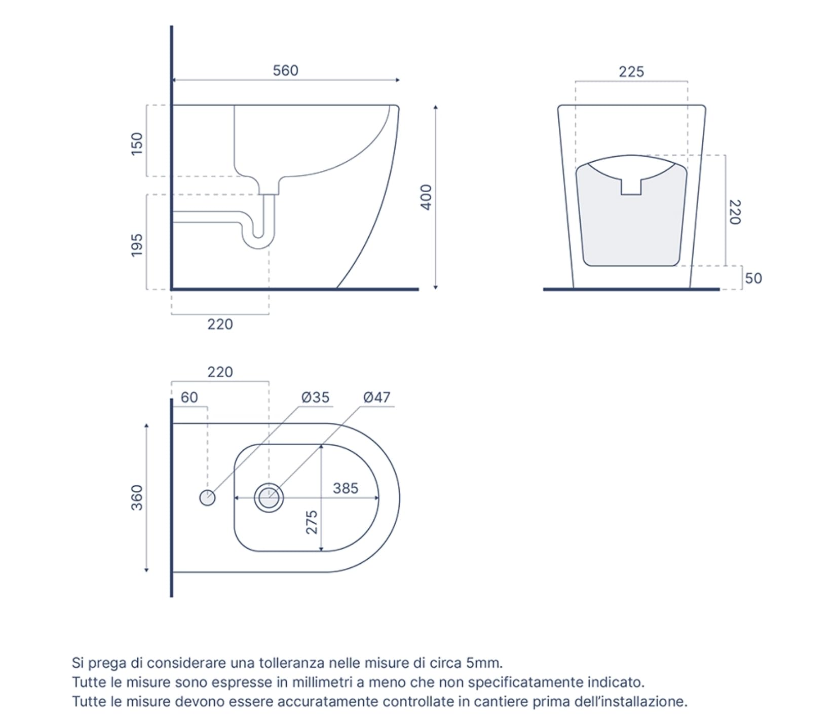 Sanitari filomuro in ceramica bianco lucido vaso rimless con copriwc soft-close e bidet OASI (52 cm)