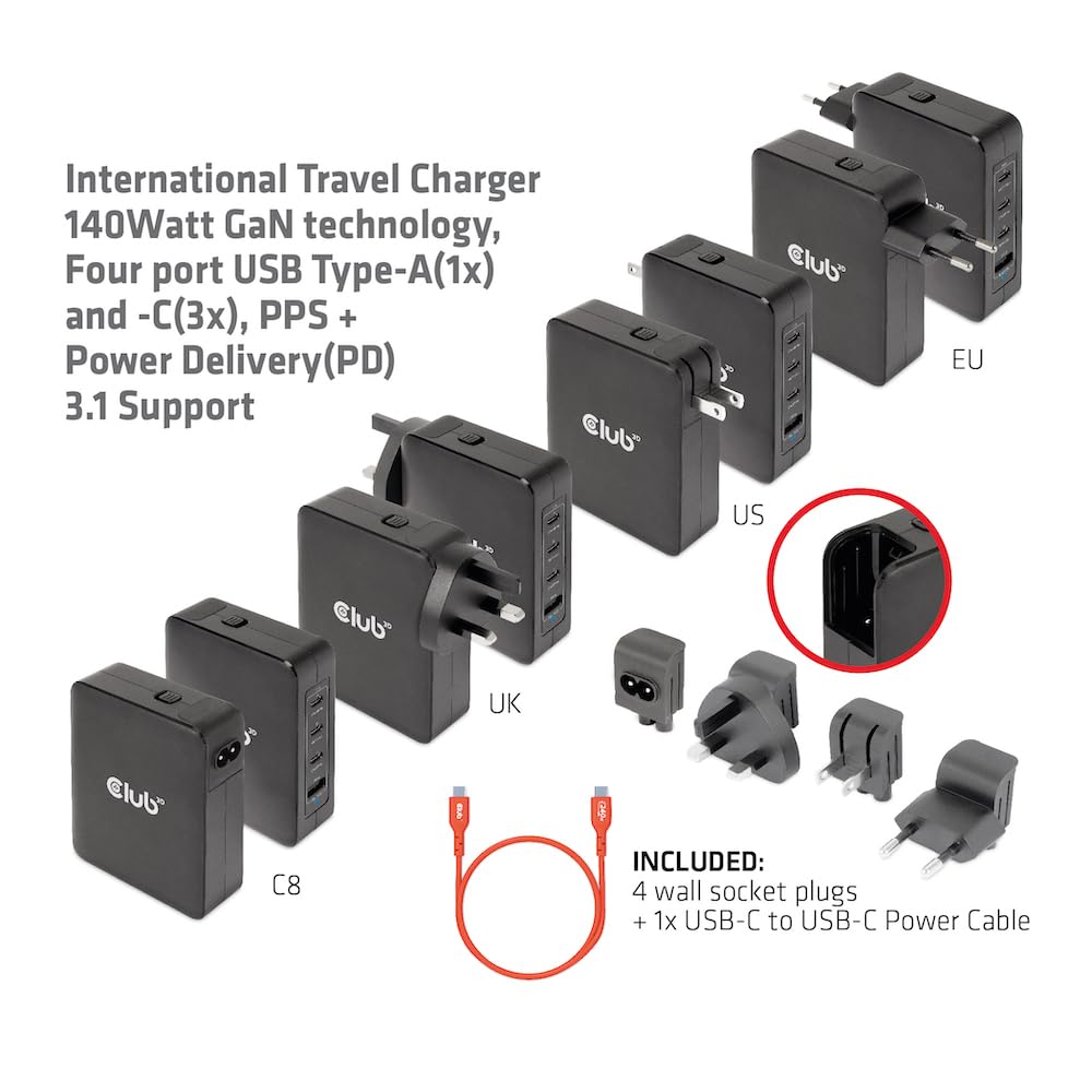Club 3D CAC-1917 - Caricabatterie da viaggio 140 W, tecnologia GaN, USB tipo A (1x) e tipo C (3X), PPS + Power Delivery (PD) 3.1