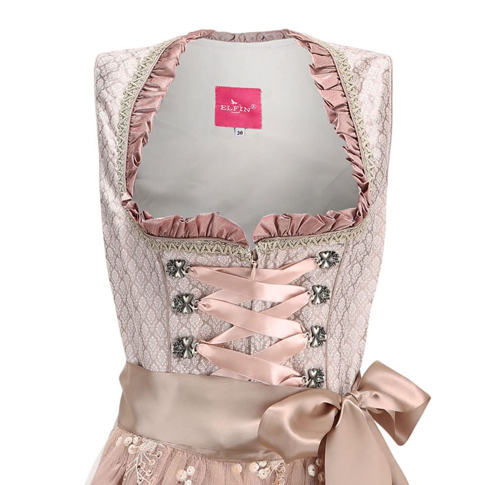 ELFIN Damen Midi Dirndl Elegante Trachtenkleid für Oktoberfest inkl. Spitzen Dirndlschürze Gr. 34-44