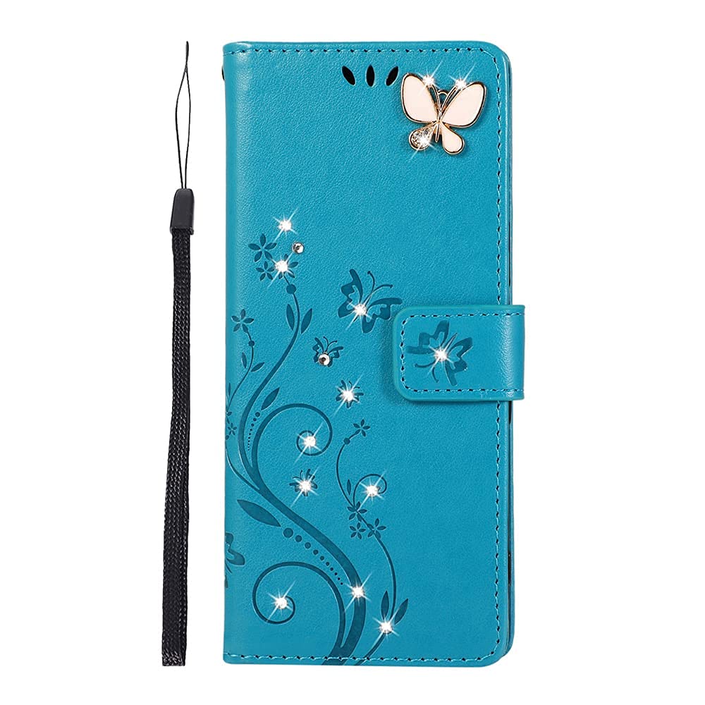 COTDINFOR Compatible with Samsung Galaxy A32 5G Case Glitter with Card Holder Flip Wallet Phone Case for Women Crystal Butterfly Shockproof Protective Case for Samsung Galaxy A32 5G,Blue GY