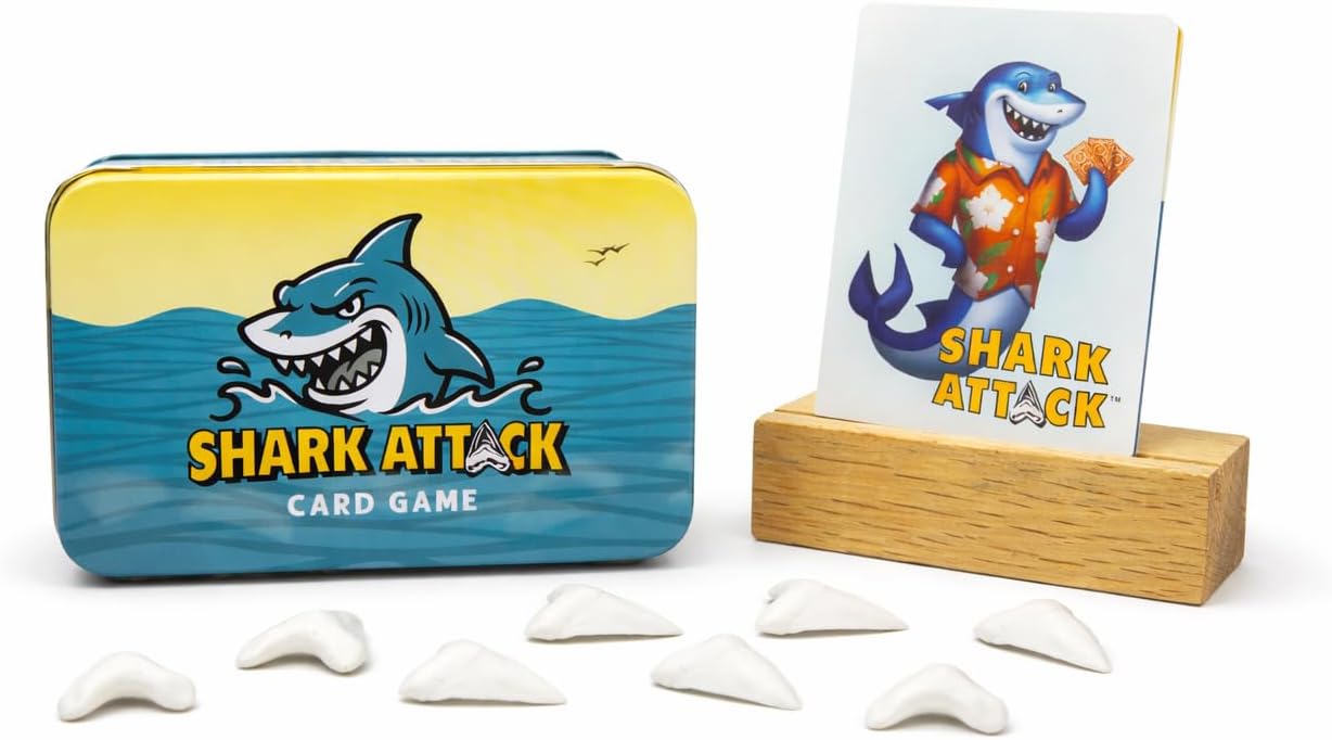 Shark Attack Card Game – Fast-Paced Family Strategy Game for All Ages, 2–6 Players, Includes 52 Cards & Shark Teeth Tokens in Durable Tin – Beach & Travel Game