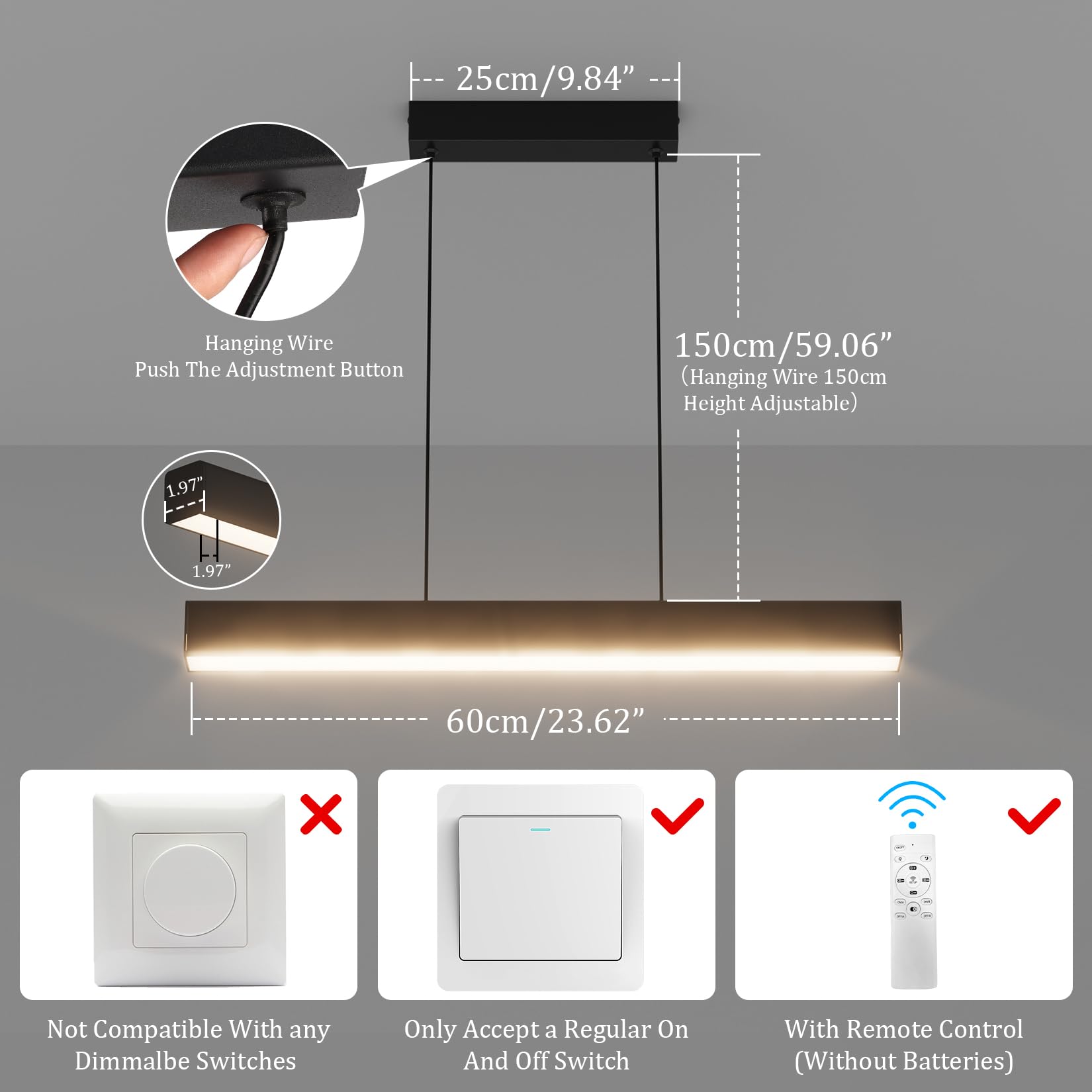 Klighten Led Lámpara Colgante De Comedor, Regulable 3000K–6000K, Lamparas de Techo Con Mando a Distancia, Lámpara De Comedor Diseño Lineal Altura Ajustable 150cm, Para Cocina Oficina, 60Cm/20W, Negro