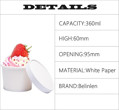 Miniatura 2 de Belinlen Juego de 50 tazas desechables de helado blanco de 12 onzas con tapa, tazas de papel para llevar, taza de papel para llevar, recipiente de