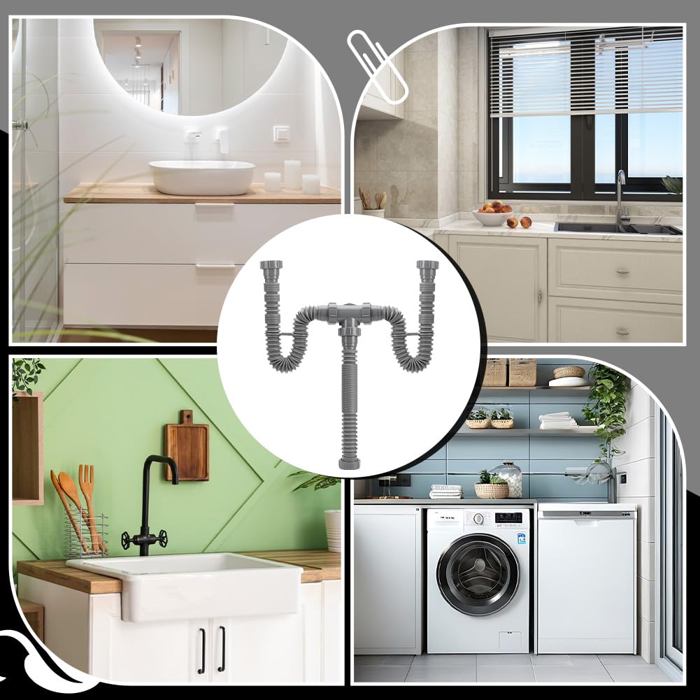 NBEADS Kit de drenaje de doble fregadero, trampa P flexible, juego de fontanería con 2 rollos de cinta de sellado PTFE, kit de tubos para cocina y baño con anillo de sellado, gris
