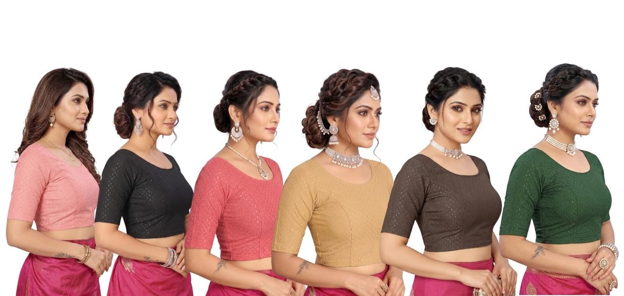 paarth enterprise Pack of 6 Round Neck Half Sleeve Saree Blouse Stretchable Readymade Blouse-picture-47