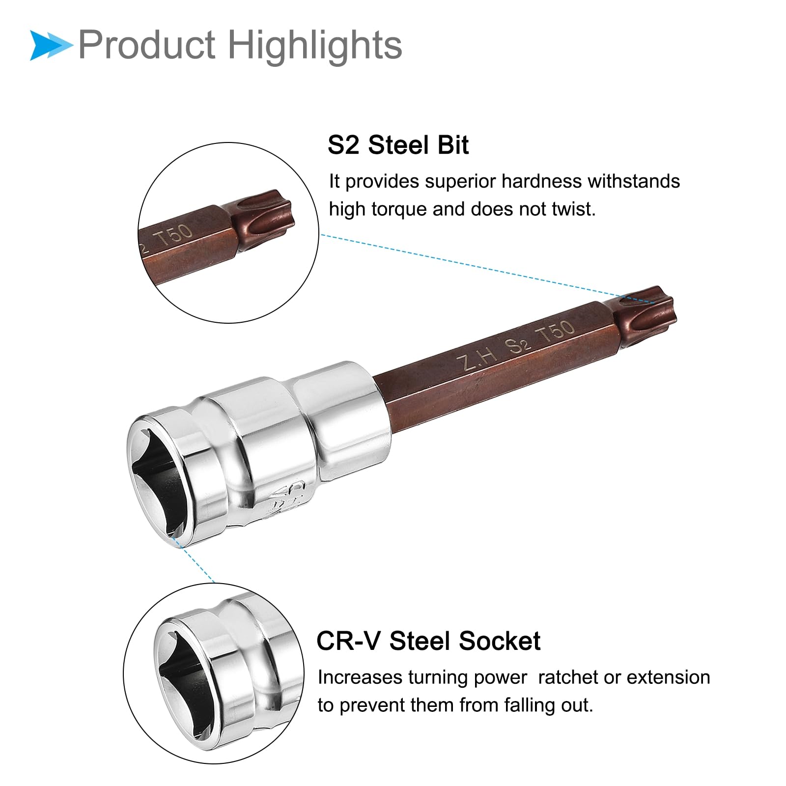 CoCud Torx Bit Socket, Metric T50 Bit 1/2" Drive 4" Long, S2 Alloy Steel Heat Treated CR-V Socket - Image 4