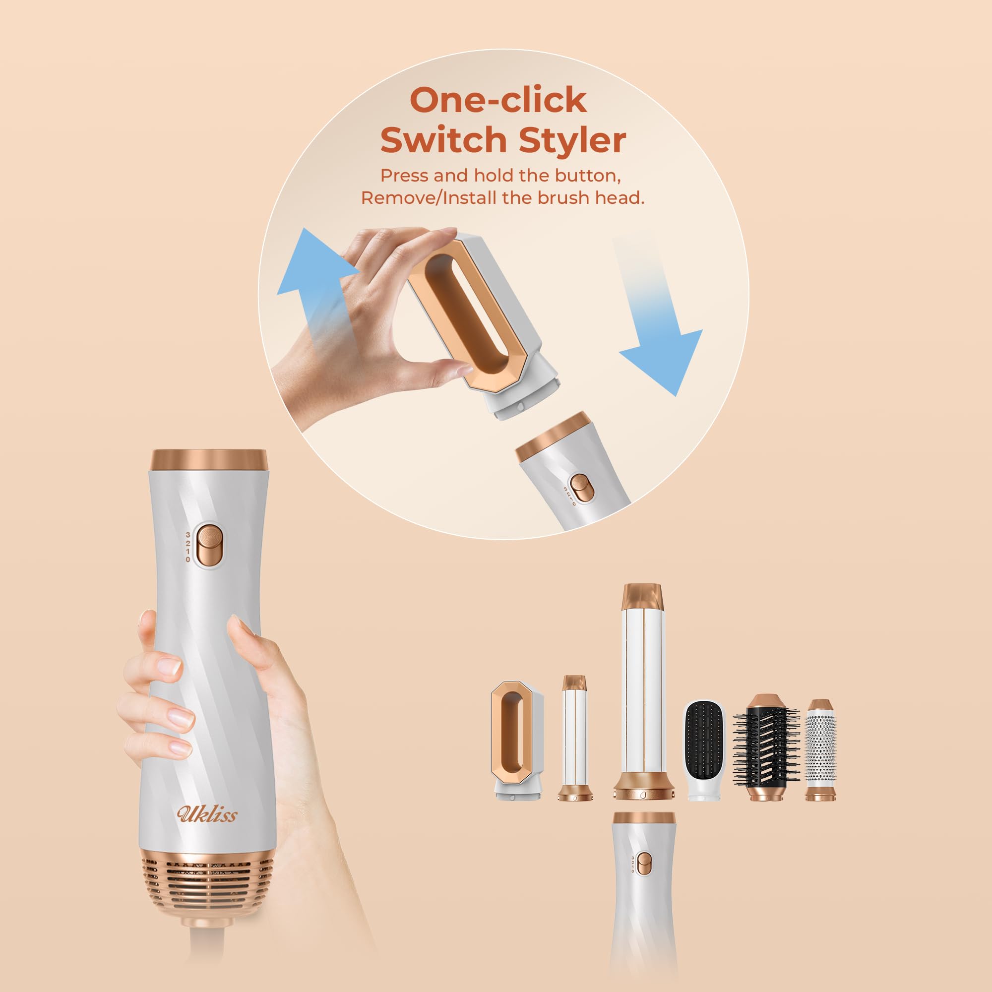 UKLISS Airstyler 6 w 1, profesjonalna suszarka do włosów zestaw z automatyczną lokówką, szczotka wygładzająca do włosów, szczotka termiczna, zestaw prezentów dla kobiet stylizacja - biały