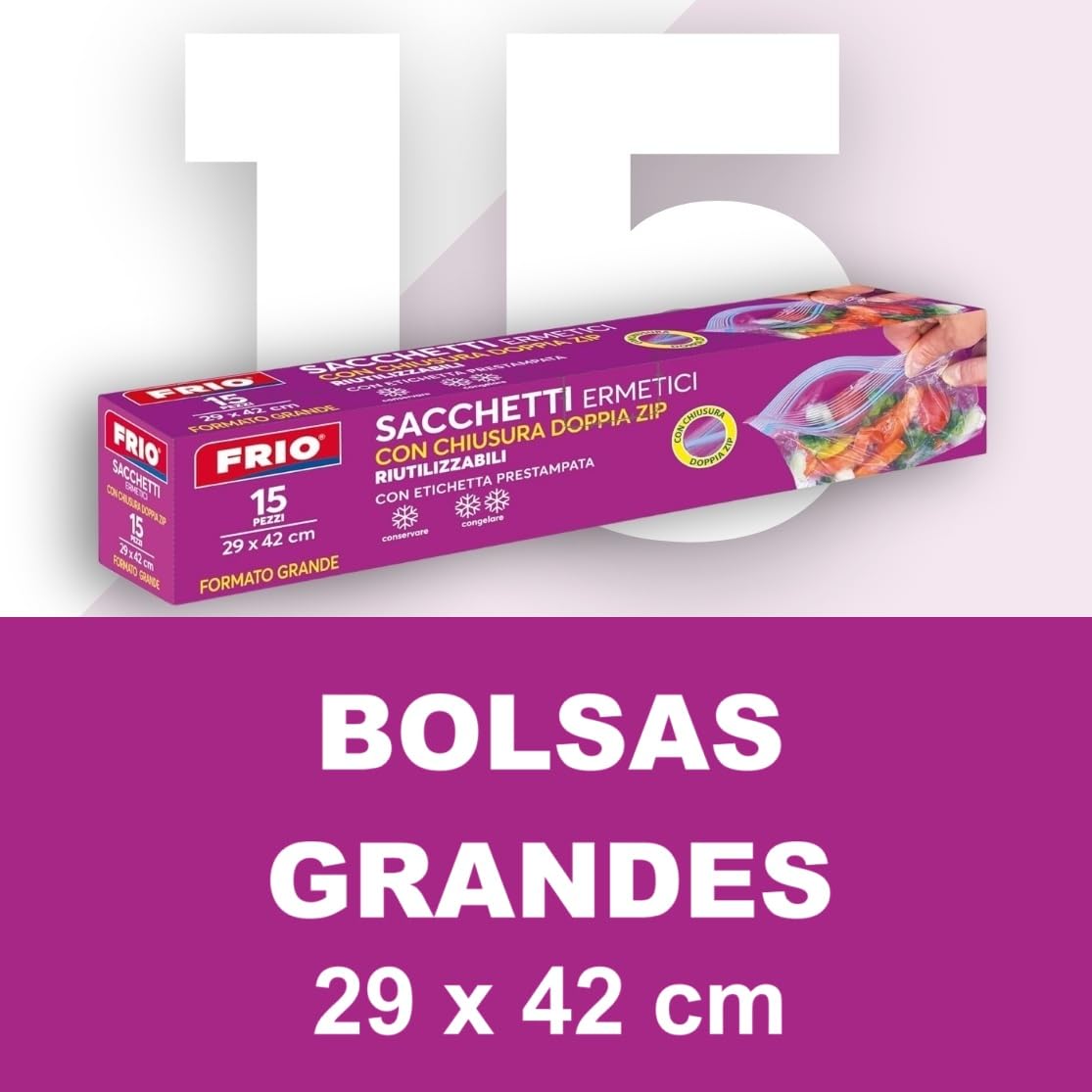 FRIO – 15 bolsas grandes para congelar 6L (Talla L: 29x42 cm), reutilizables con cierre hermético – Bolsas alimentarias con etiqueta, sin BPA