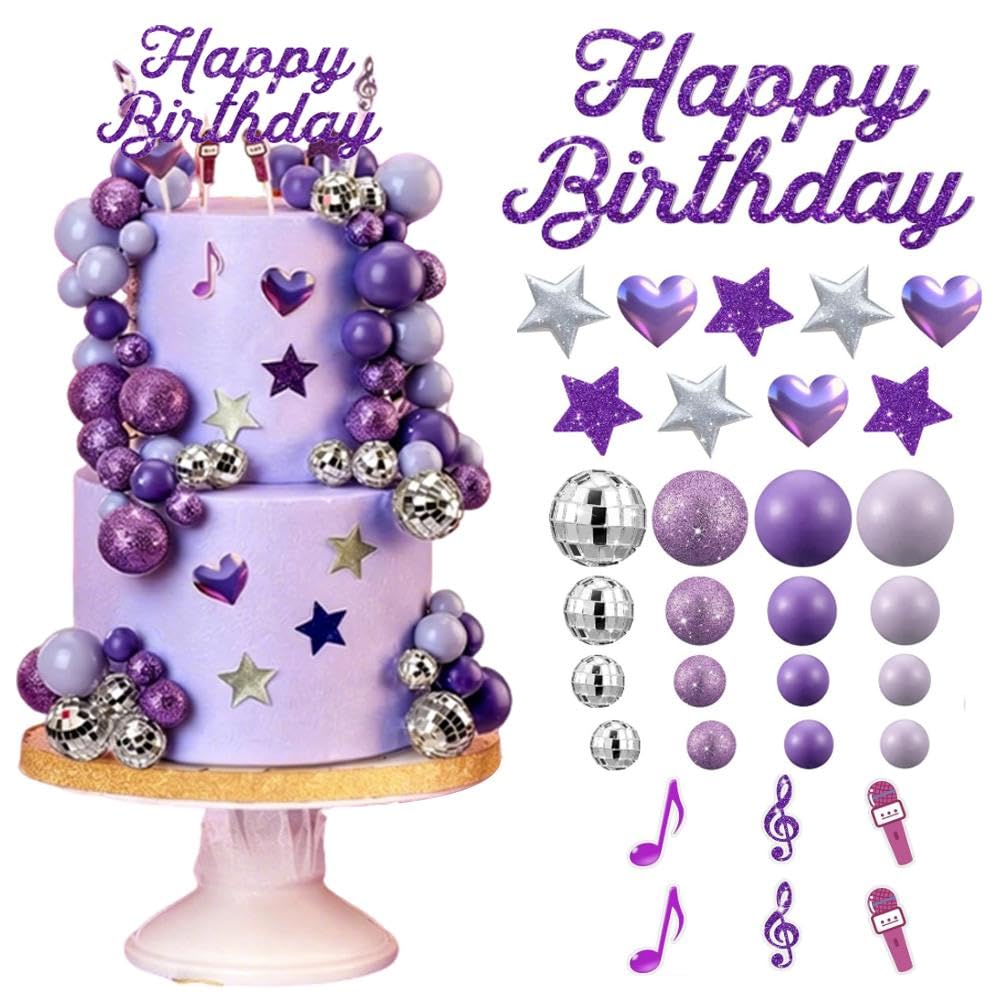 32 Pcs Purple Cake Decorations With Mini Disco Ball, Singer Stars, Heart, Cake Toppers, Romantic Theme Birthday Party Cakes Decorating Celebrations Supplies