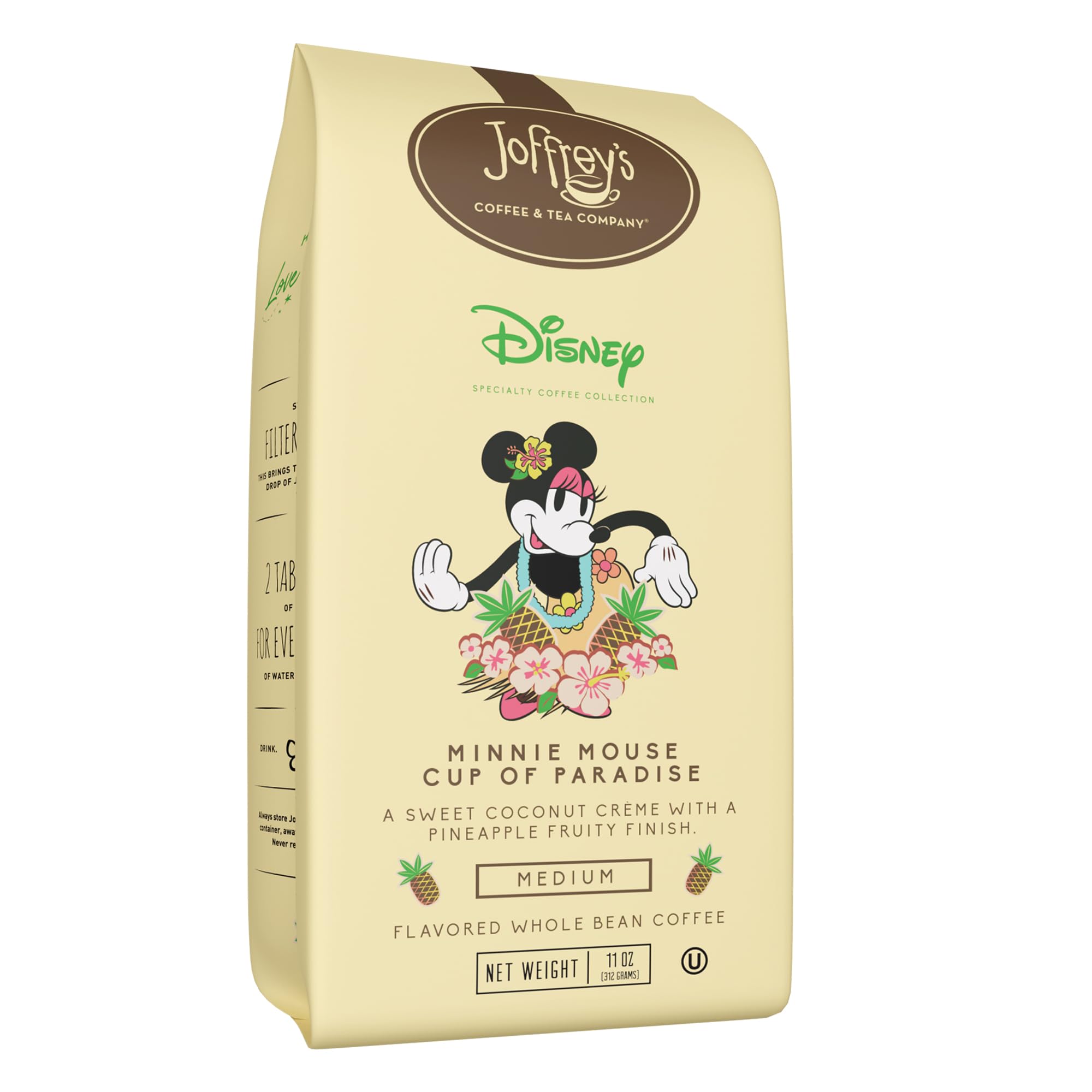 Joffrey's Coffee - Disney Minnie Mouse Cup of Paradise, Disney Specialty Coffee Collection, Flavored Coffee, Creamy Tropical Flavor, Artisan Medium Roast, Brew or French Press (Whole Bean, 11oz)