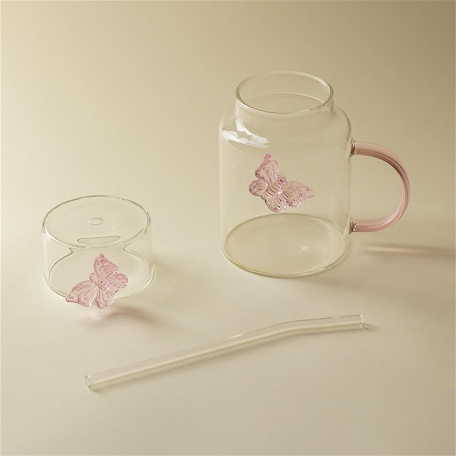 Verres à boire Verres transparents avec papillon rose en 3D, 44 cl (15 oz), verre borosilicate, couvercle et paille, for boissons chaudes ou froides Gobelets en verre