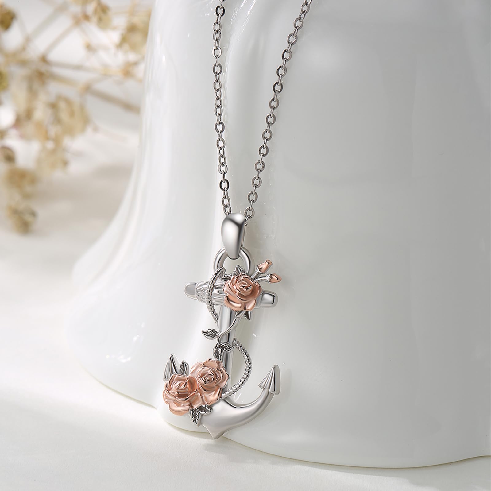 OHAYOO Anker kette für Damen 925 Silber Anker Anhänger Halskette Anker Schmuck Sets Anker Verflochten Mit Rosen Anker Halskette Schmuck für Damen