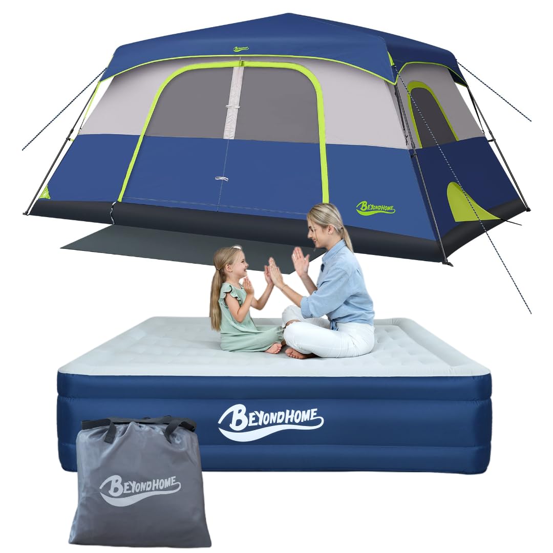 Bundle-2 Items:BEYONDHOME Instant Cabin Tent, 8 Person Navy Blue Camping Tent & PVC-Free Air Mattress Queen with Built-in Pump, 18 Inches O'Smell™ TPU Queen Air Mattress,Blue