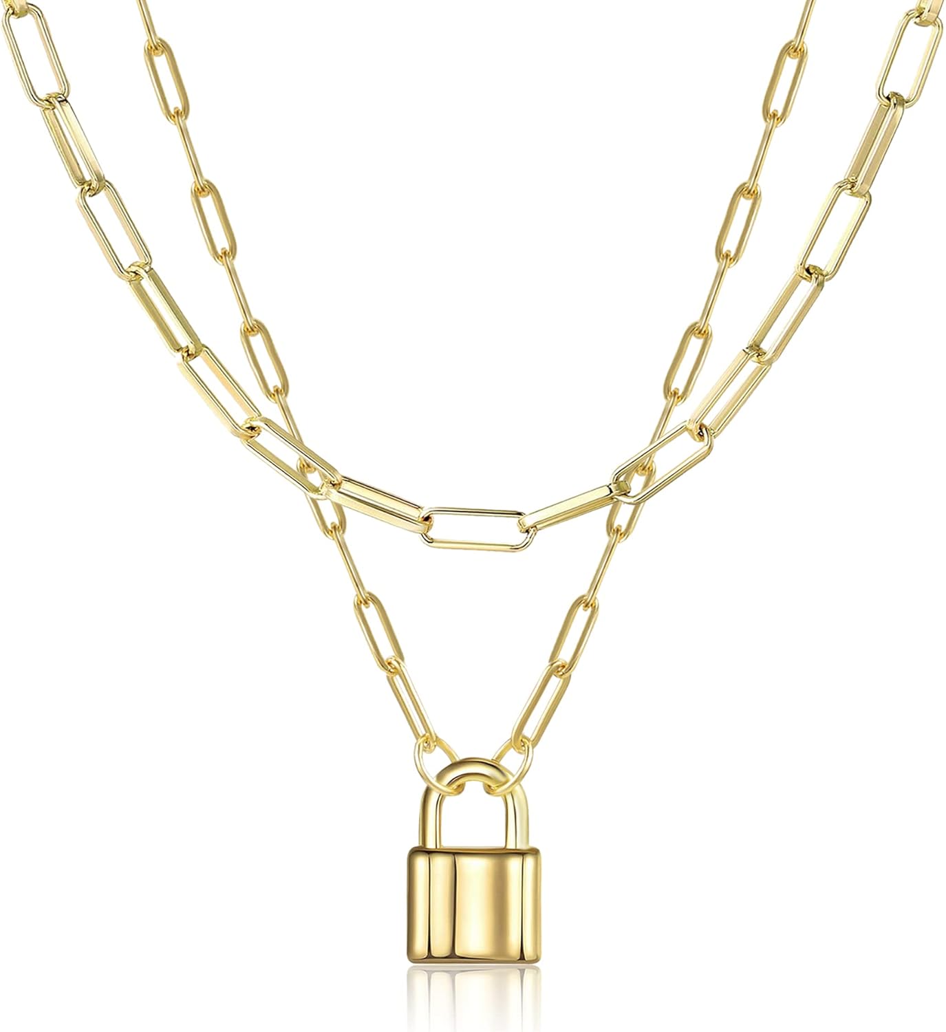 BOUTIQUELOVIN 14K Gold Plated Lock Necklace for Women Paperclip Link Chain Padlock Necklace Non-Tarnish