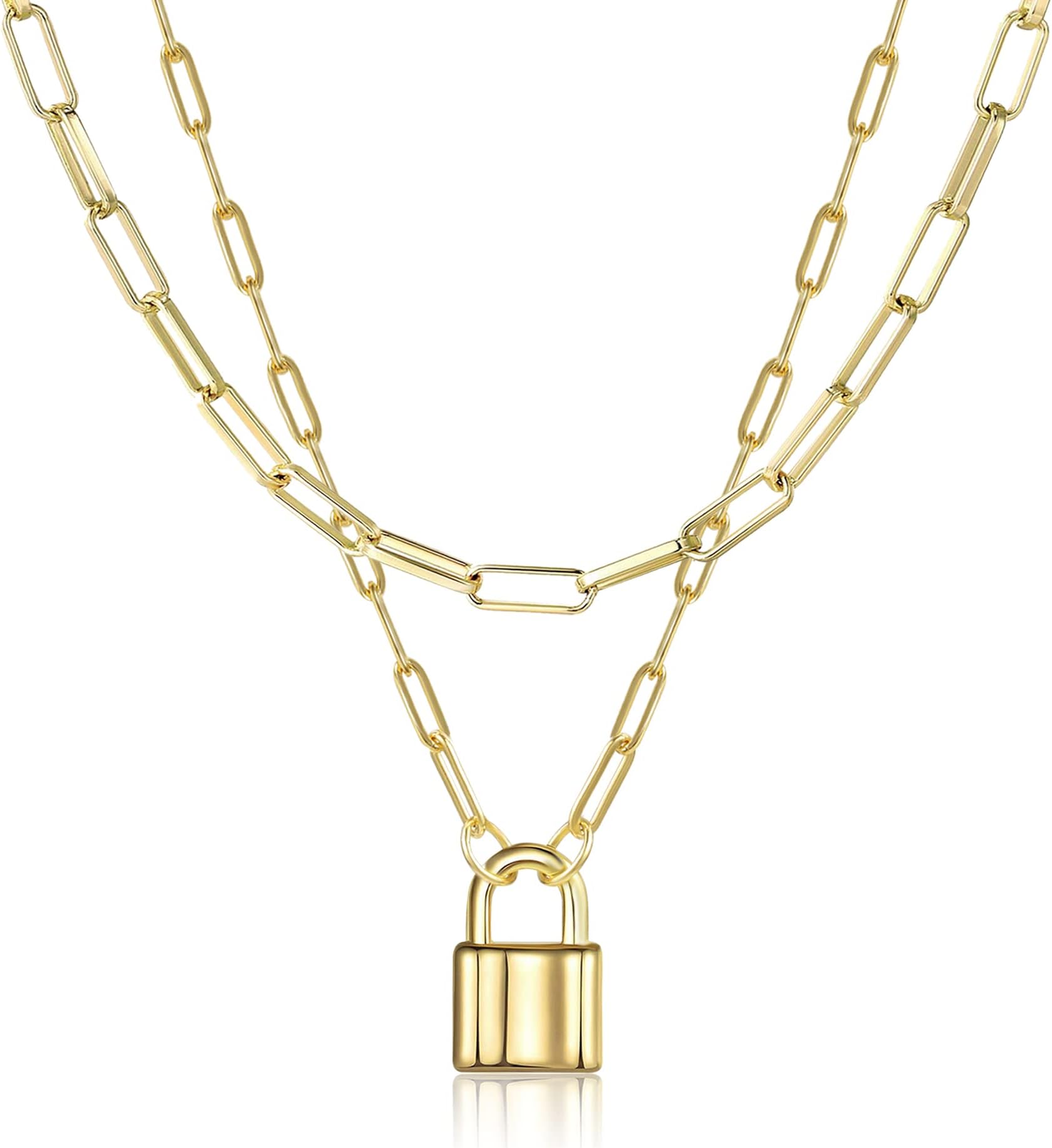 14K Gold Plated Lock Necklace for Women Paperclip Link Chain Padlock Necklace Non-Tarnish, 18 inches, Brass, n