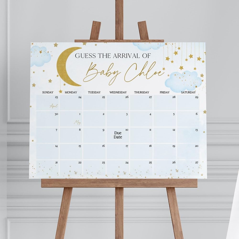 Guess Baby Due Date Calendar Sign, Due Date Calendar Baby Shower, Guess Baby'S Birth Date Sign, Blue We Are Over The Moon Baby Shower Guess Baby'S Arrival, Due Date Calendar Sign