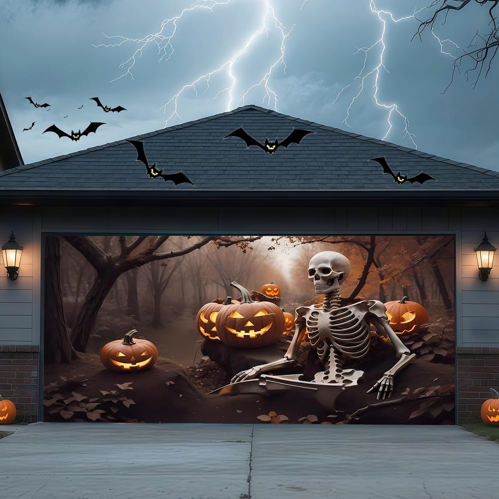ZFFLYH Halloween Garage Door Cover Banner Outdoor Home Decorations Halloween Hanging Backdrop Door Cover Garage Wall Decor,SkullA,6.5 * 5FT