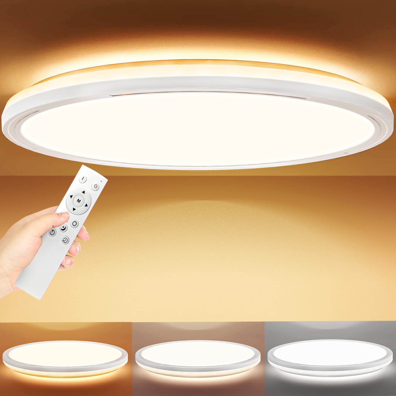 Lamparas de Techo 24W, Plafon Led Techo Regulable con Mando a Distáncia & Efecto de Retroiluminación, Lampara de Techo para Dormitorio Cocina comedor habitacion Pasillo Balcón Salón, Ø30CM - Blanco